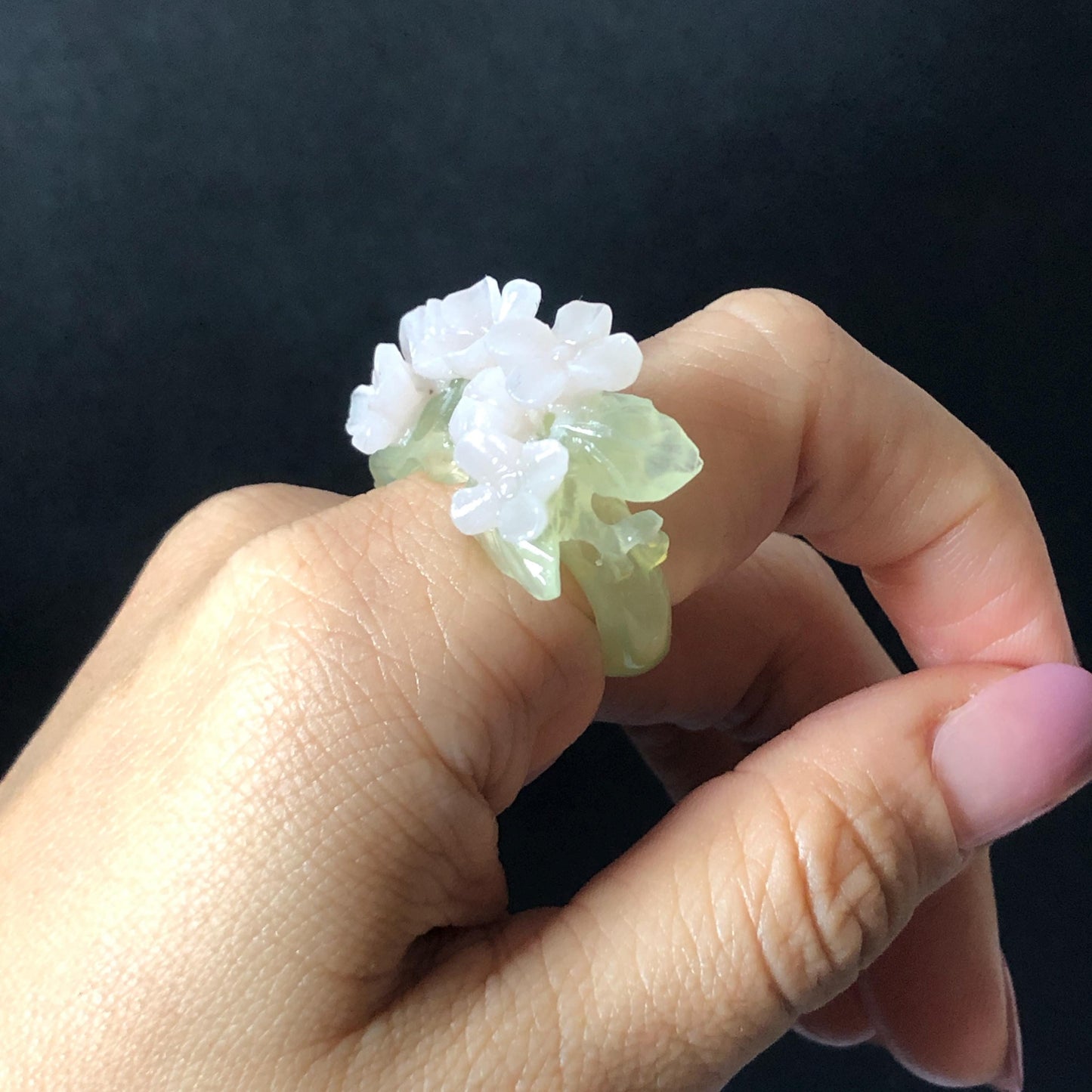 Custom Size! Xiu Jade Serpentine Hand Carved Pink Osmanthus Flowers Statement Ring: Green & Pink Jade Handcrafted 3D Stone Carving Ring  Pendant Handcrafted Crystal Gemstone Gift pink jade carbonate jade ring hand carved jade band ring flower carving natural jade band ring cocktail ring gift for her ring for women make to order ring big size ring small size ring personalized ring customised ring flower ring flower carving green jade pink jade