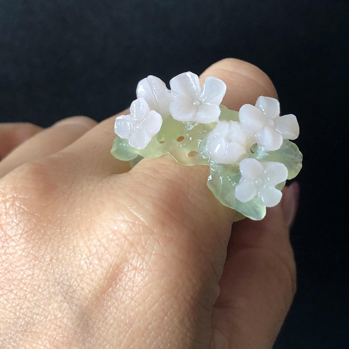Custom Size! Xiu Jade Serpentine Hand Carved Pink Osmanthus Flowers Statement Ring: Green & Pink Jade Handcrafted 3D Stone Carving Ring  Pendant Handcrafted Crystal Gemstone Gift pink jade carbonate jade ring hand carved jade band ring flower carving natural jade band ring cocktail ring gift for her ring for women make to order ring big size ring small size ring personalized ring customised ring flower ring flower carving green jade pink jade