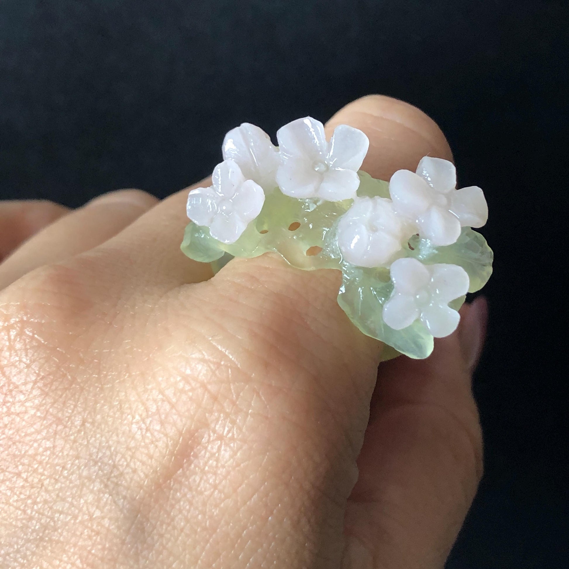 Custom Size! Xiu Jade Serpentine Hand Carved Pink Osmanthus Flowers Statement Ring: Green & Pink Jade Handcrafted 3D Stone Carving Ring  Pendant Handcrafted Crystal Gemstone Gift pink jade carbonate jade ring hand carved jade band ring flower carving natural jade band ring cocktail ring gift for her ring for women make to order ring big size ring small size ring personalized ring customised ring flower ring flower carving green jade pink jade