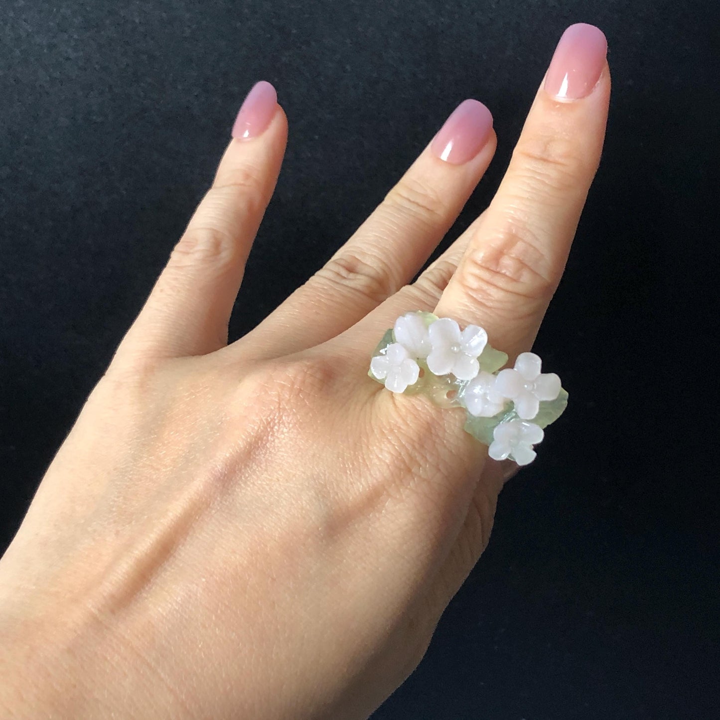 Custom Size! Xiu Jade Serpentine Hand Carved Pink Osmanthus Flowers Statement Ring: Green & Pink Jade Handcrafted 3D Stone Carving Ring  Pendant Handcrafted Crystal Gemstone Gift pink jade carbonate jade ring hand carved jade band ring flower carving natural jade band ring cocktail ring gift for her ring for women make to order ring big size ring small size ring personalized ring customised ring flower ring flower carving green jade pink jade
