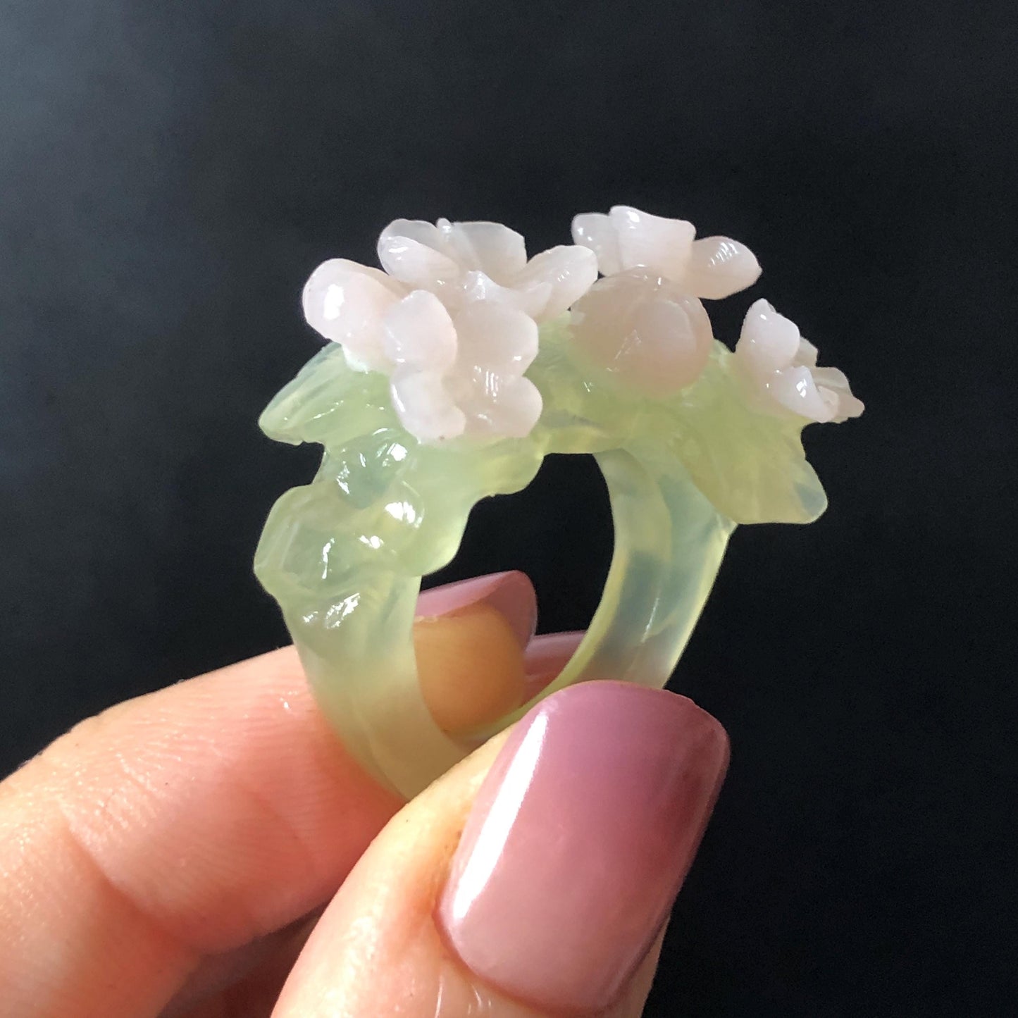 Custom Size! Xiu Jade Serpentine Hand Carved Pink Osmanthus Flowers Statement Ring: Green & Pink Jade Handcrafted 3D Stone Carving Ring  Pendant Handcrafted Crystal Gemstone Gift pink jade carbonate jade ring hand carved jade band ring flower carving natural jade band ring cocktail ring gift for her ring for women make to order ring big size ring small size ring personalized ring customised ring flower ring flower carving green jade pink jade