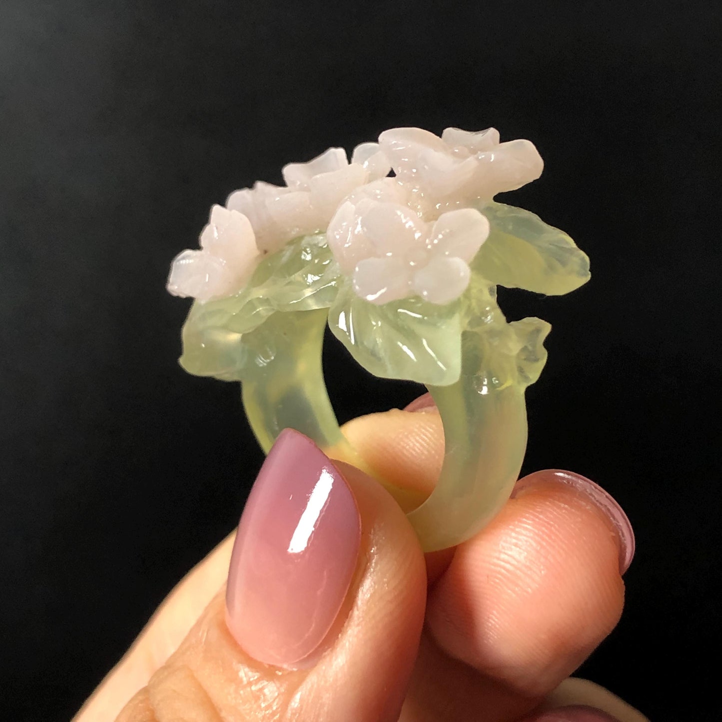 Custom Size! Xiu Jade Serpentine Hand Carved Pink Osmanthus Flowers Statement Ring: Green & Pink Jade Handcrafted 3D Stone Carving Ring  Pendant Handcrafted Crystal Gemstone Gift pink jade carbonate jade ring hand carved jade band ring flower carving natural jade band ring cocktail ring gift for her ring for women make to order ring big size ring small size ring personalized ring customised ring flower ring flower carving green jade pink jade