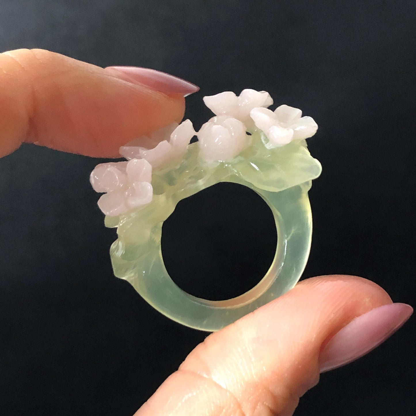 Custom Size! Xiu Jade Serpentine Hand Carved Pink Osmanthus Flowers Statement Ring: Green & Pink Jade Handcrafted 3D Stone Carving Ring  Pendant Handcrafted Crystal Gemstone Gift pink jade carbonate jade ring hand carved jade band ring flower carving natural jade band ring cocktail ring gift for her ring for women make to order ring big size ring small size ring personalized ring customised ring flower ring flower carving green jade pink jade