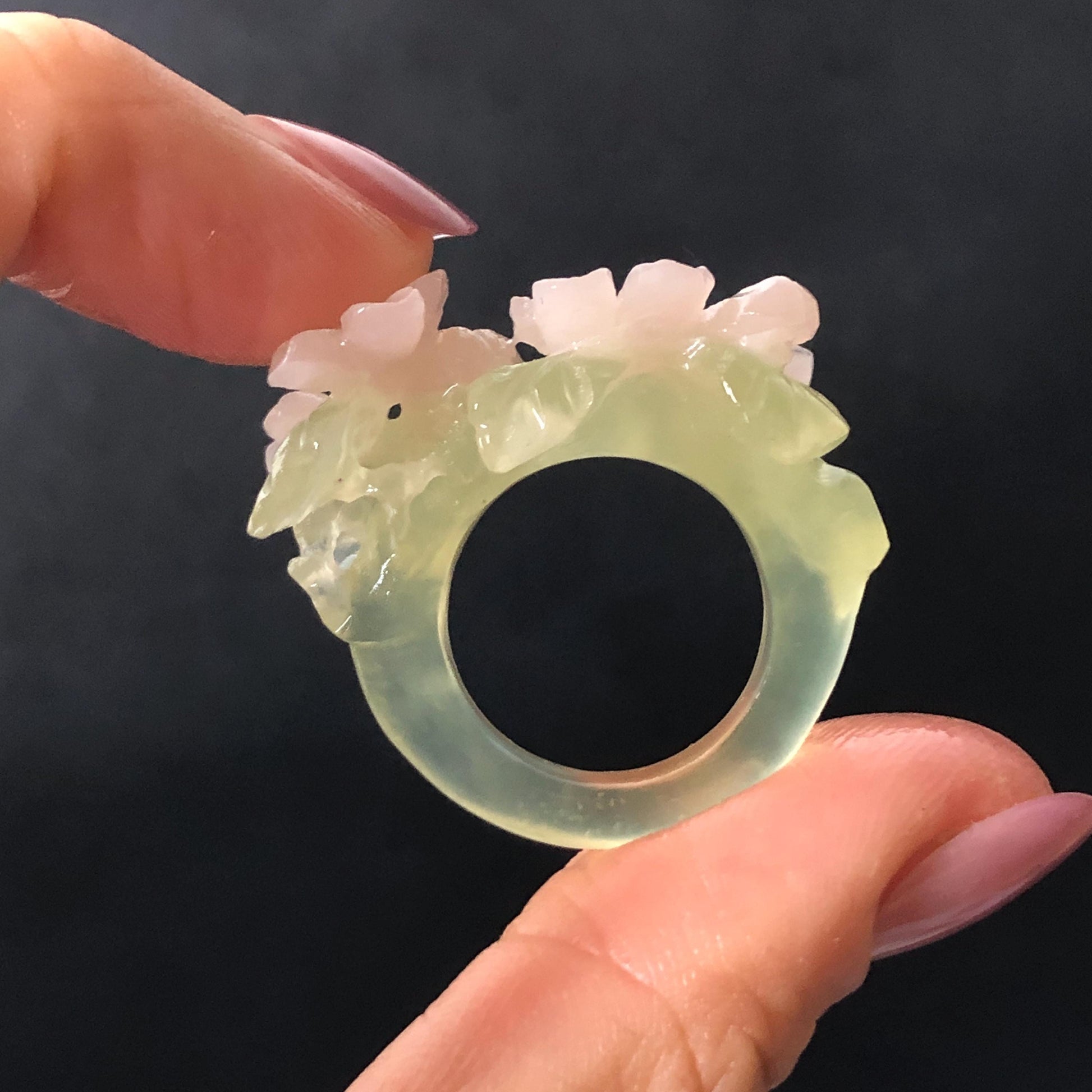 Custom Size! Xiu Jade Serpentine Hand Carved Pink Osmanthus Flowers Statement Ring: Green & Pink Jade Handcrafted 3D Stone Carving Ring  Pendant Handcrafted Crystal Gemstone Gift pink jade carbonate jade ring hand carved jade band ring flower carving natural jade band ring cocktail ring gift for her ring for women make to order ring big size ring small size ring personalized ring customised ring flower ring flower carving green jade pink jade