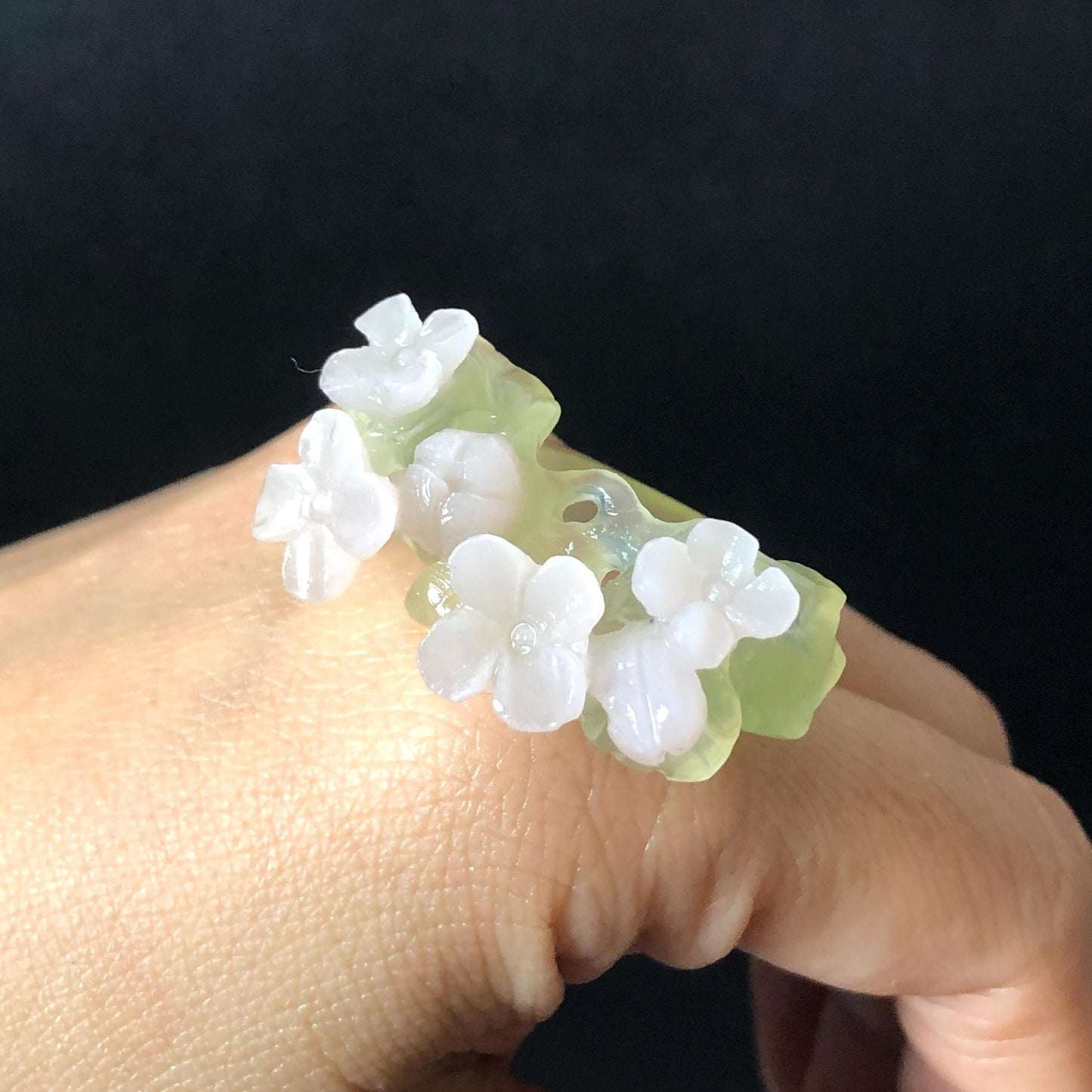 Custom Size! Xiu Jade Serpentine Hand Carved Pink Osmanthus Flowers Statement Ring: Green & Pink Jade Handcrafted 3D Stone Carving Ring  Pendant Handcrafted Crystal Gemstone Gift pink jade carbonate jade ring hand carved jade band ring flower carving natural jade band ring cocktail ring gift for her ring for women make to order ring big size ring small size ring personalized ring customised ring flower ring flower carving green jade pink jade