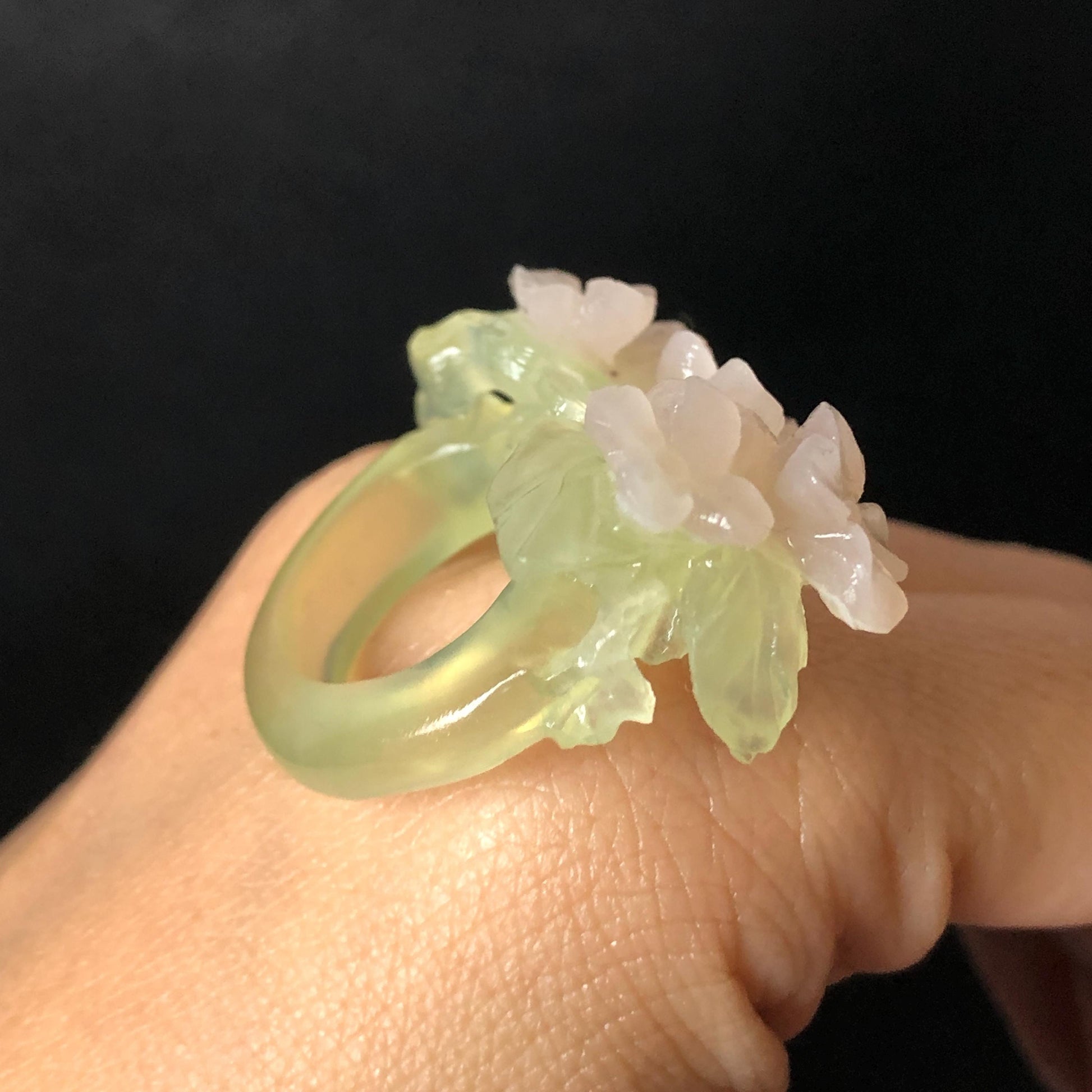 Custom Size! Xiu Jade Serpentine Hand Carved Pink Osmanthus Flowers Statement Ring: Green & Pink Jade Handcrafted 3D Stone Carving Ring  Pendant Handcrafted Crystal Gemstone Gift pink jade carbonate jade ring hand carved jade band ring flower carving natural jade band ring cocktail ring gift for her ring for women make to order ring big size ring small size ring personalized ring customised ring flower ring flower carving green jade pink jade
