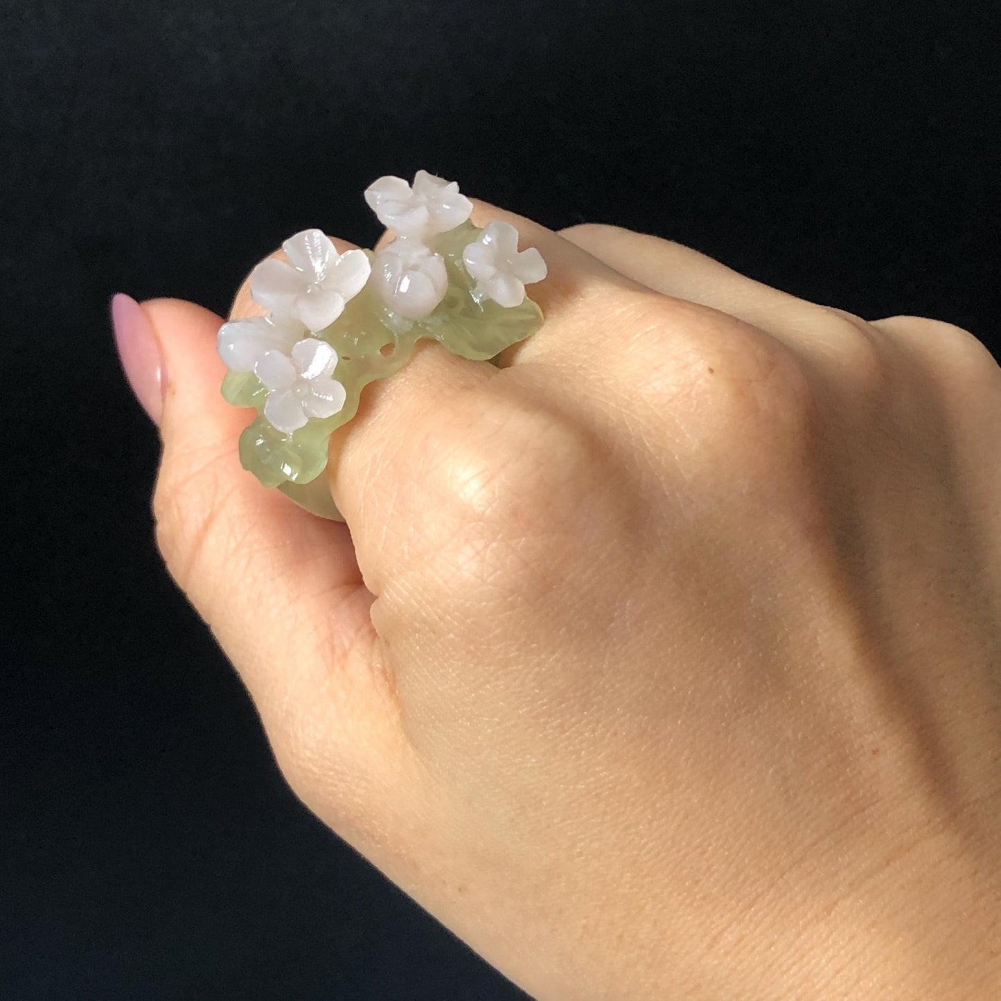 Custom Size! Xiu Jade Serpentine Hand Carved Pink Osmanthus Flowers Statement Ring: Green & Pink Jade Handcrafted 3D Stone Carving Ring  Pendant Handcrafted Crystal Gemstone Gift pink jade carbonate jade ring hand carved jade band ring flower carving natural jade band ring cocktail ring gift for her ring for women make to order ring big size ring small size ring personalized ring customised ring flower ring flower carving green jade pink jade