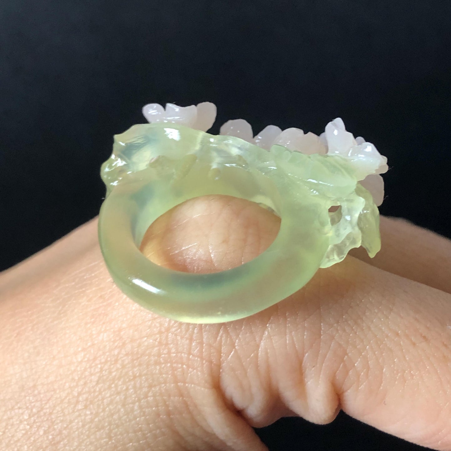 Custom Size! Xiu Jade Serpentine Hand Carved Pink Osmanthus Flowers Statement Ring: Green & Pink Jade Handcrafted 3D Stone Carving Ring  Pendant Handcrafted Crystal Gemstone Gift pink jade carbonate jade ring hand carved jade band ring flower carving natural jade band ring cocktail ring gift for her ring for women make to order ring big size ring small size ring personalized ring customised ring flower ring flower carving green jade pink jade