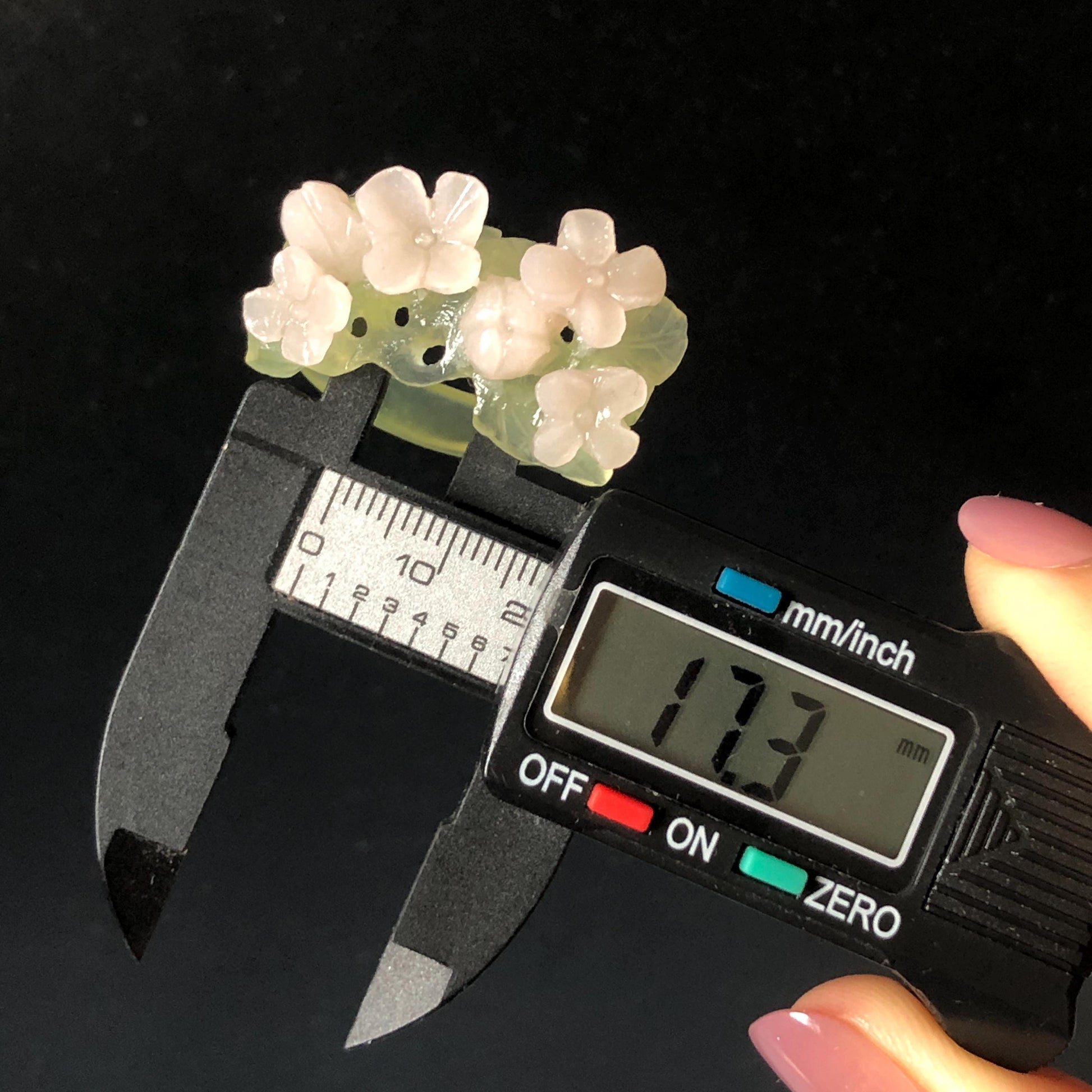 Custom Size! Xiu Jade Serpentine Hand Carved Pink Osmanthus Flowers Statement Ring: Green & Pink Jade Handcrafted 3D Stone Carving Ring  Pendant Handcrafted Crystal Gemstone Gift pink jade carbonate jade ring hand carved jade band ring flower carving natural jade band ring cocktail ring gift for her ring for women make to order ring big size ring small size ring personalized ring customised ring flower ring flower carving green jade pink jade