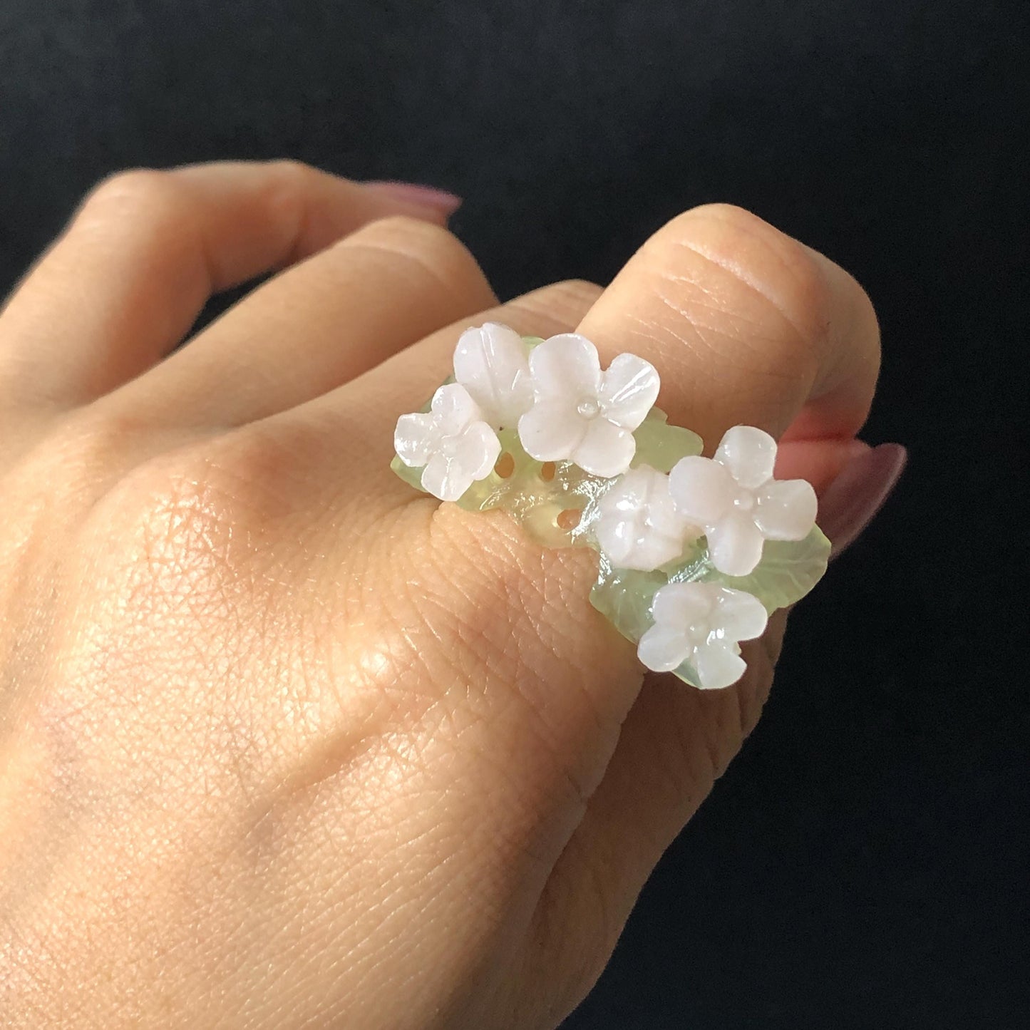 Custom Size! Xiu Jade Serpentine Hand Carved Pink Osmanthus Flowers Statement Ring: Green & Pink Jade Handcrafted 3D Stone Carving Ring  Pendant Handcrafted Crystal Gemstone Gift pink jade carbonate jade ring hand carved jade band ring flower carving natural jade band ring cocktail ring gift for her ring for women make to order ring big size ring small size ring personalized ring customised ring flower ring flower carving green jade pink jade