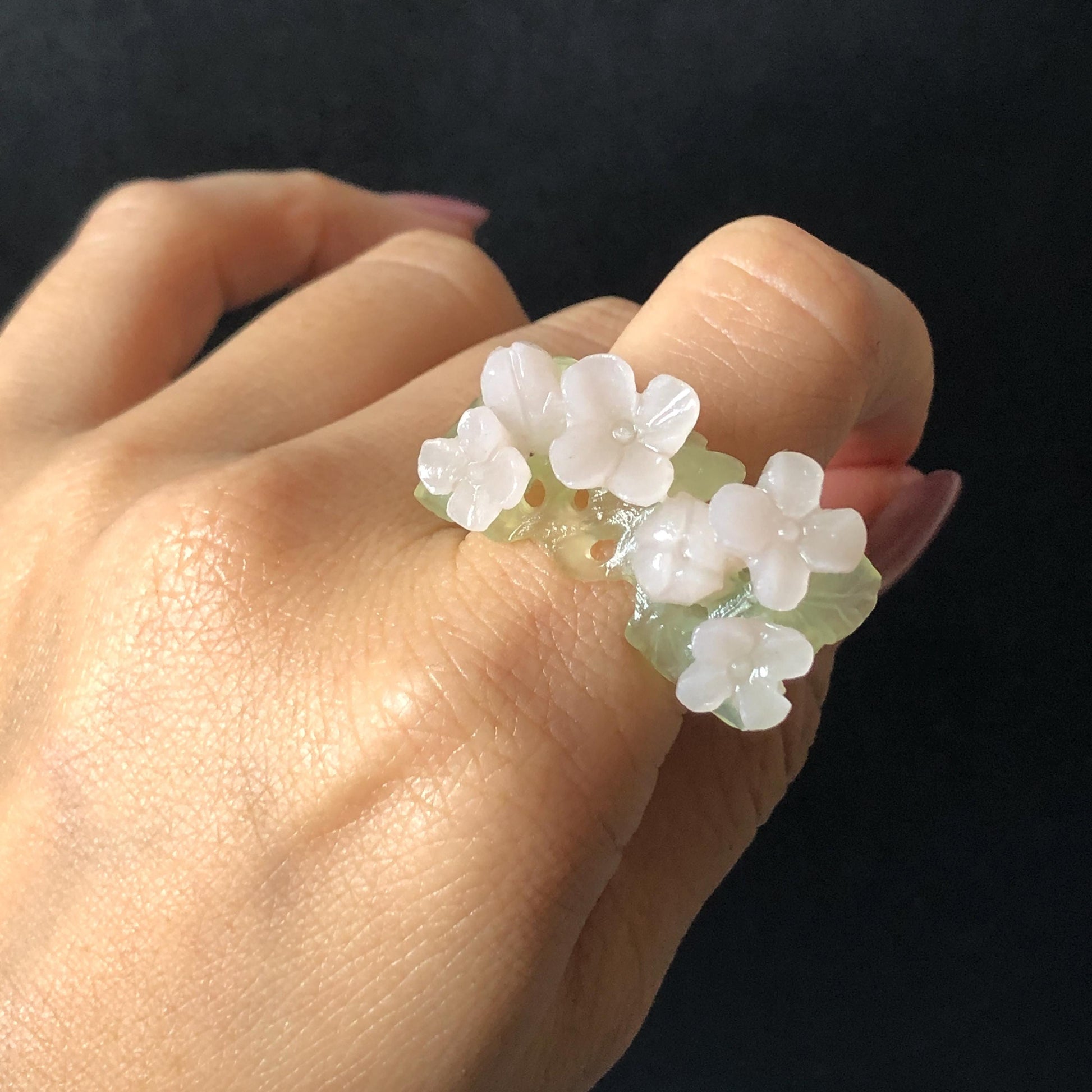 Custom Size! Xiu Jade Serpentine Hand Carved Pink Osmanthus Flowers Statement Ring: Green & Pink Jade Handcrafted 3D Stone Carving Ring  Pendant Handcrafted Crystal Gemstone Gift pink jade carbonate jade ring hand carved jade band ring flower carving natural jade band ring cocktail ring gift for her ring for women make to order ring big size ring small size ring personalized ring customised ring flower ring flower carving green jade pink jade