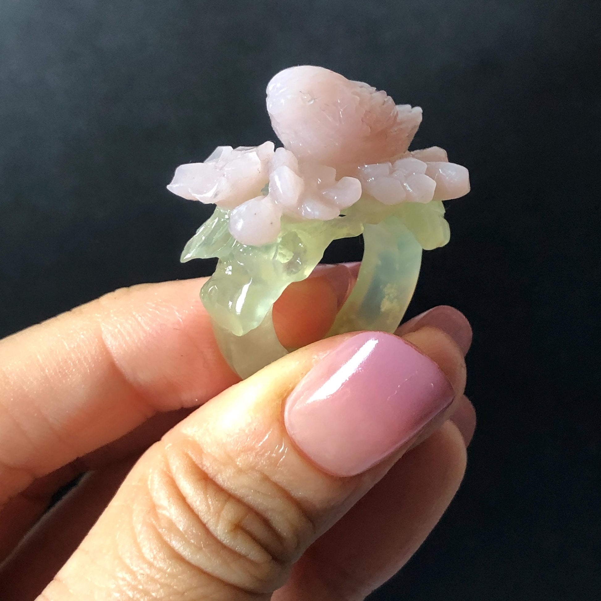 Custom Size! Xiu Jade Serpentine Hand Carved Pink Bird Flower Statement Ring: Green & Pink Jade Handcrafted 3D Stone Carving Ring for her yellow jade green jade carving pink jade carbonate jade ring hand carved jade band ring bird carving flower carving natural jade band ring cocktail ring for women make to order ring big size ring small size ring personalized ring customised ring flower ring bird carving bird lover gift 3D stone carving