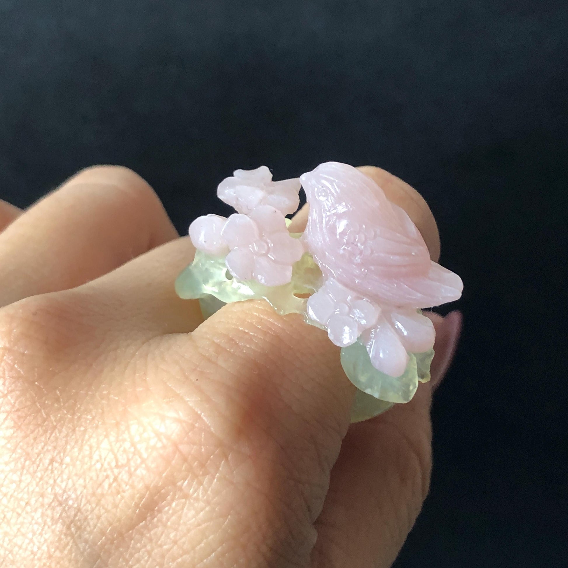 Custom Size! Xiu Jade Serpentine Hand Carved Pink Bird Flower Statement Ring: Green & Pink Jade Handcrafted 3D Stone Carving Ring for her yellow jade green jade carving pink jade carbonate jade ring hand carved jade band ring bird carving flower carving natural jade band ring cocktail ring for women make to order ring big size ring small size ring personalized ring customised ring flower ring bird carving bird lover gift 3D stone carving