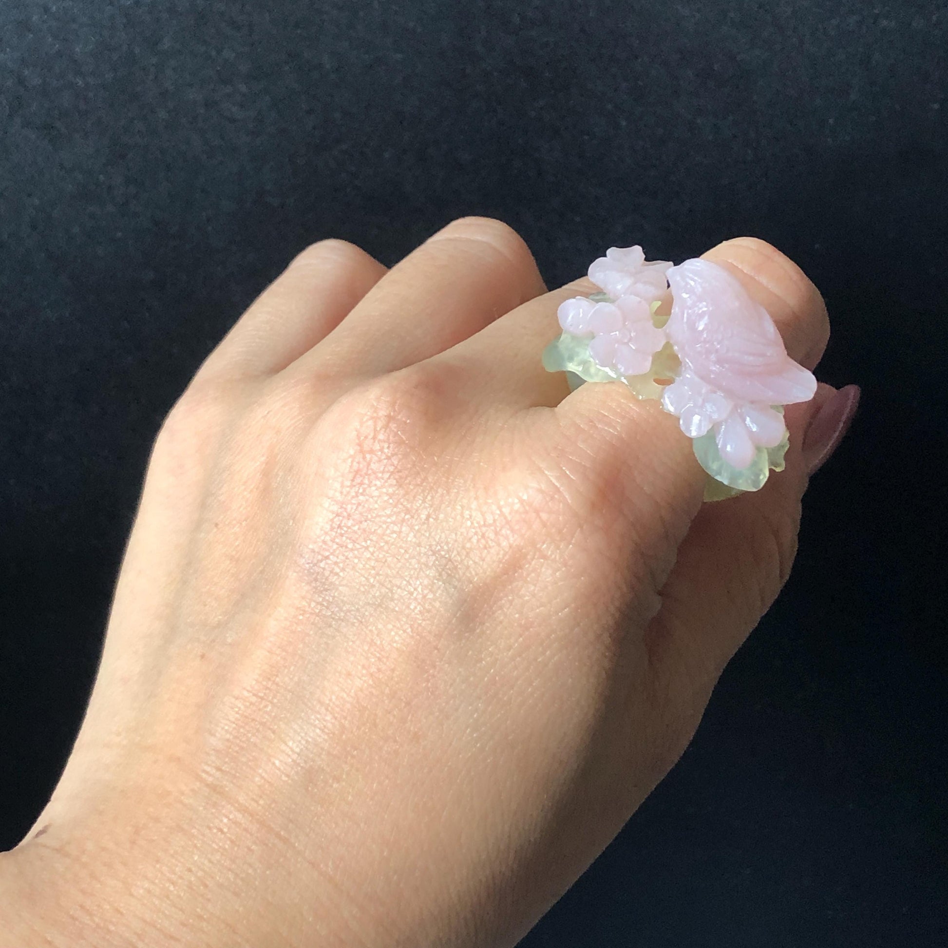 Custom Size! Xiu Jade Serpentine Hand Carved Pink Bird Flower Statement Ring: Green & Pink Jade Handcrafted 3D Stone Carving Ring for her yellow jade green jade carving pink jade carbonate jade ring hand carved jade band ring bird carving flower carving natural jade band ring cocktail ring for women make to order ring big size ring small size ring personalized ring customised ring flower ring bird carving bird lover gift 3D stone carving