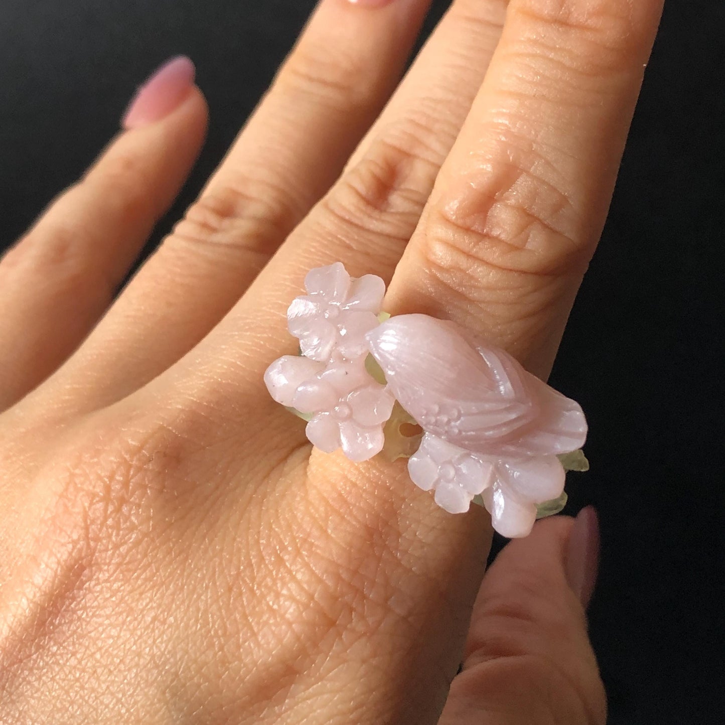 Custom Size! Xiu Jade Serpentine Hand Carved Pink Bird Flower Statement Ring: Green & Pink Jade Handcrafted 3D Stone Carving Ring for her yellow jade green jade carving pink jade carbonate jade ring hand carved jade band ring bird carving flower carving natural jade band ring cocktail ring for women make to order ring big size ring small size ring personalized ring customised ring flower ring bird carving bird lover gift 3D stone carving