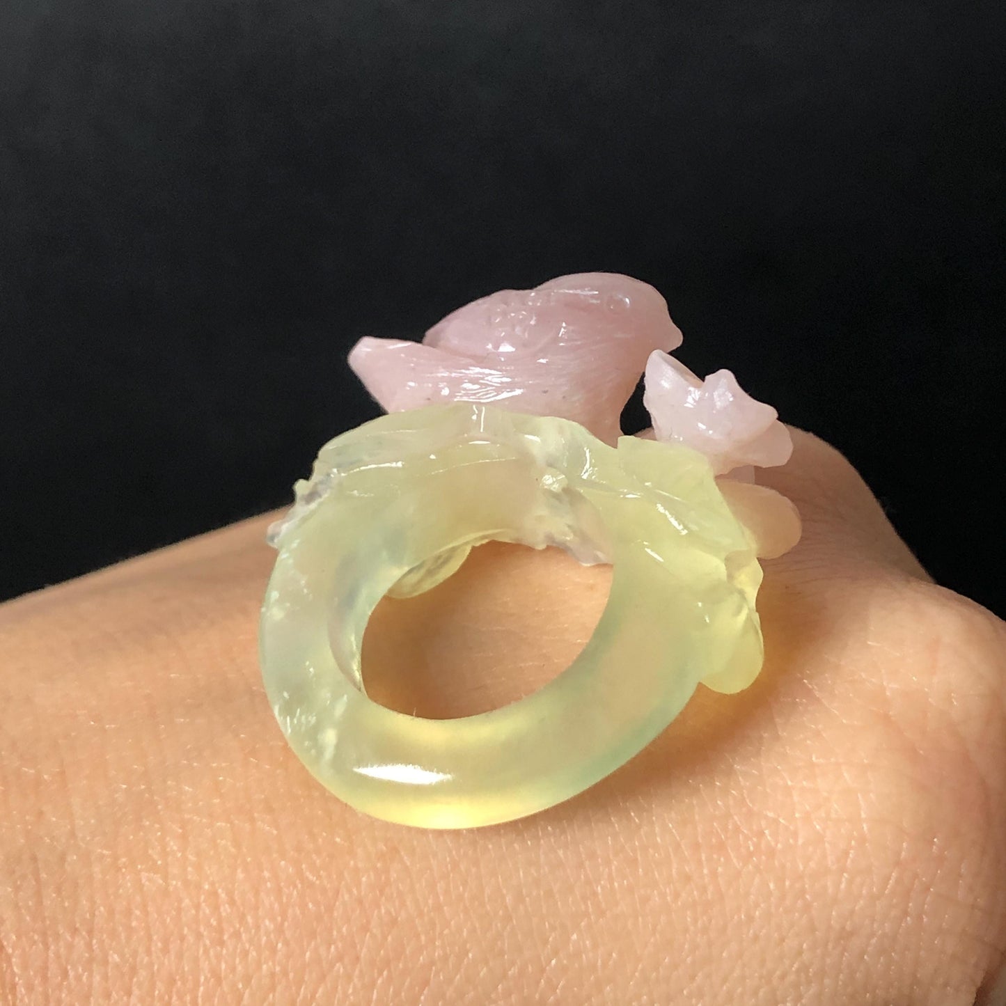 Custom Size! Xiu Jade Serpentine Hand Carved Pink Bird Flower Statement Ring: Green & Pink Jade Handcrafted 3D Stone Carving Ring for her yellow jade green jade carving pink jade carbonate jade ring hand carved jade band ring bird carving flower carving natural jade band ring cocktail ring for women make to order ring big size ring small size ring personalized ring customised ring flower ring bird carving bird lover gift 3D stone carving
