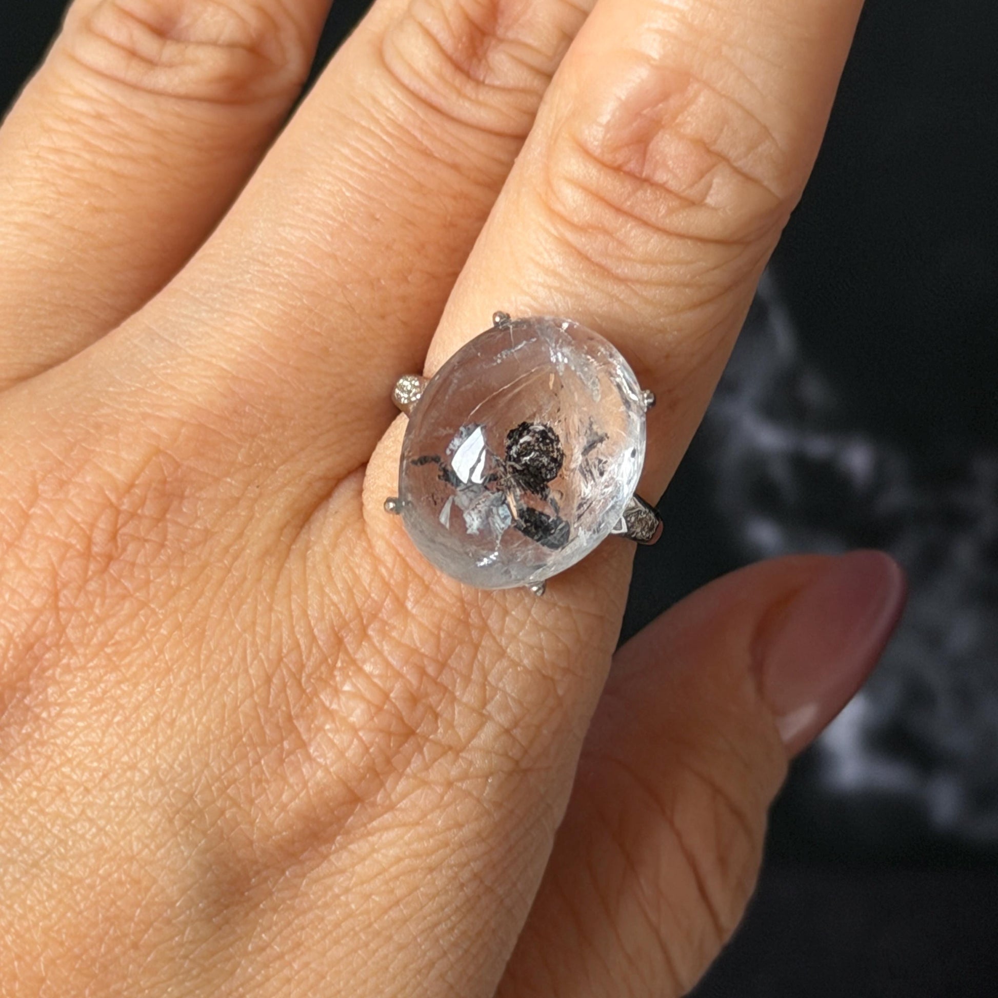 Polished Enhydro Quartz (Herkimer Diamond) S925 Silver Adjustable Ring: Moving Black Mica Sand and Bubble Inclusion in Triangle Chamber | Crystal Statement Ring for Women ring crystal band ring crystal cocktail ring crystal stackable ring 7 chakra crystal ring meditation crystal healing stone birthstone silver ring ring for men rainbow quartz inclusion quartz inclusion crystal minerals specimen silver ring free size ring adjustable ring holder rain quartz