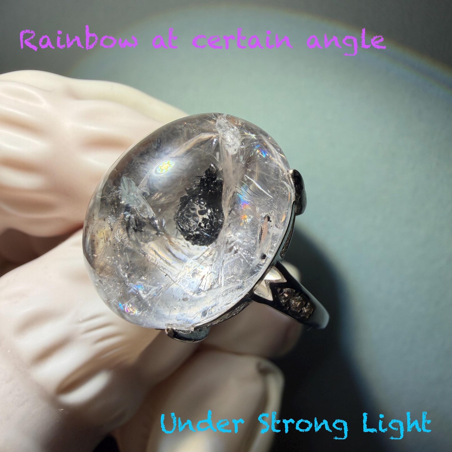 Polished Enhydro Quartz (Herkimer Diamond) S925 Silver Adjustable Ring: Moving Black Mica Sand and Bubble Inclusion in Triangle Chamber | Crystal Statement Ring for Women ring crystal band ring crystal cocktail ring crystal stackable ring 7 chakra crystal ring meditation crystal healing stone birthstone silver ring ring for men rainbow quartz inclusion quartz inclusion crystal minerals specimen silver ring free size ring adjustable ring holder rain quartz