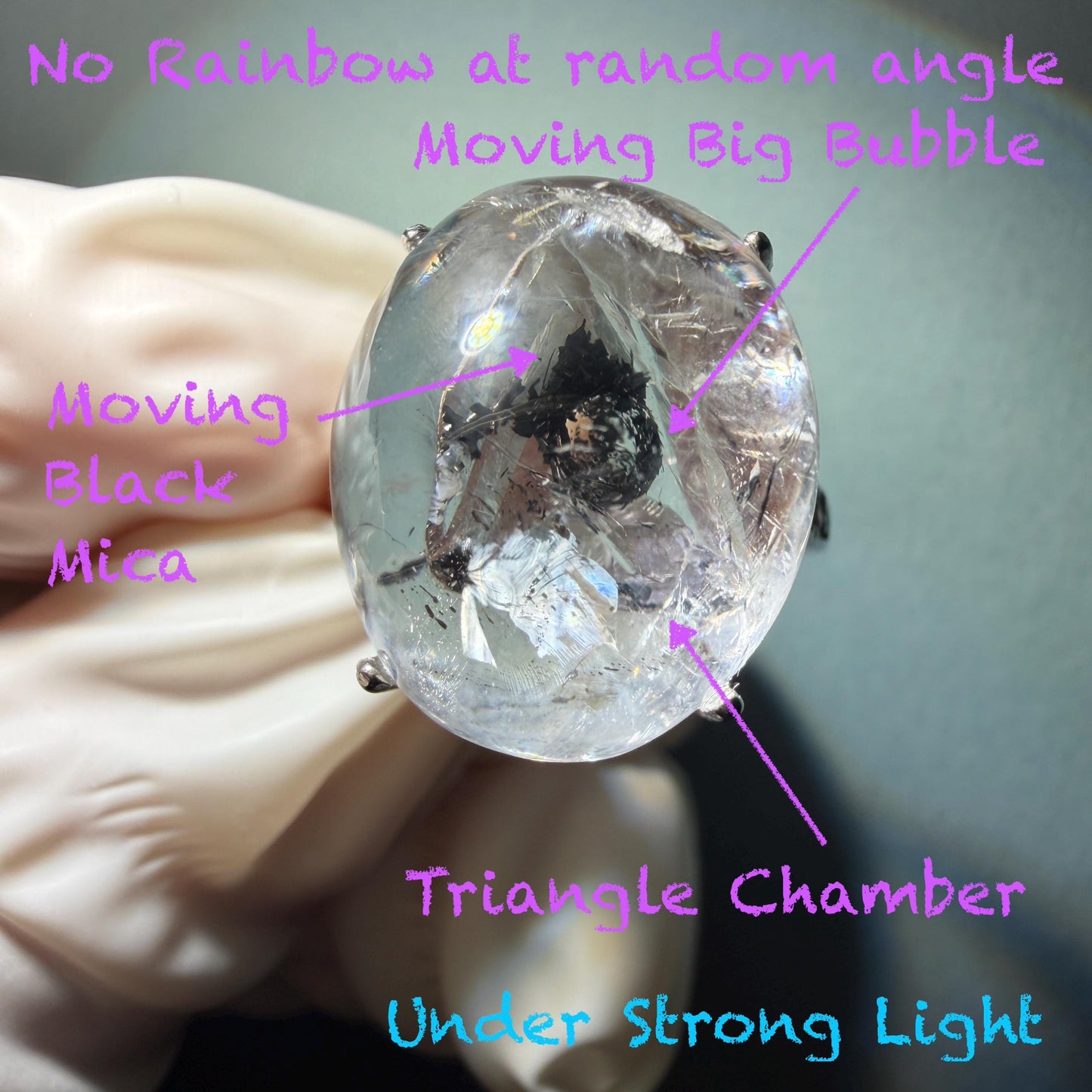 Polished Enhydro Quartz (Herkimer Diamond) S925 Silver Adjustable Ring: Moving Black Mica Sand and Bubble Inclusion in Triangle Chamber | Crystal Statement Ring for Women ring crystal band ring crystal cocktail ring crystal stackable ring 7 chakra crystal ring meditation crystal healing stone birthstone silver ring ring for men rainbow quartz inclusion quartz inclusion crystal minerals specimen silver ring free size ring adjustable ring holder rain quartz