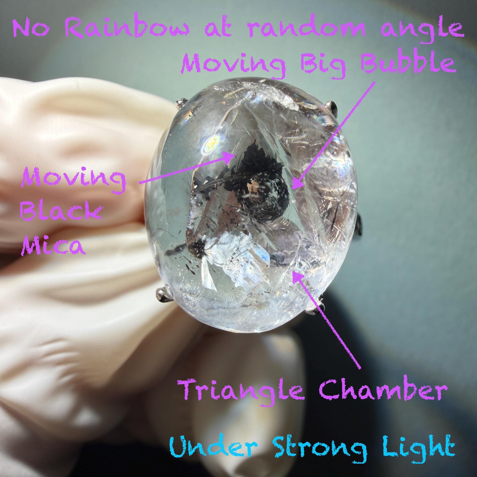 Polished Enhydro Quartz (Herkimer Diamond) S925 Silver Adjustable Ring: Moving Black Mica Sand and Bubble Inclusion in Triangle Chamber | Crystal Statement Ring for Women ring crystal band ring crystal cocktail ring crystal stackable ring 7 chakra crystal ring meditation crystal healing stone birthstone silver ring ring for men rainbow quartz inclusion quartz inclusion crystal minerals specimen silver ring free size ring adjustable ring holder rain quartz
