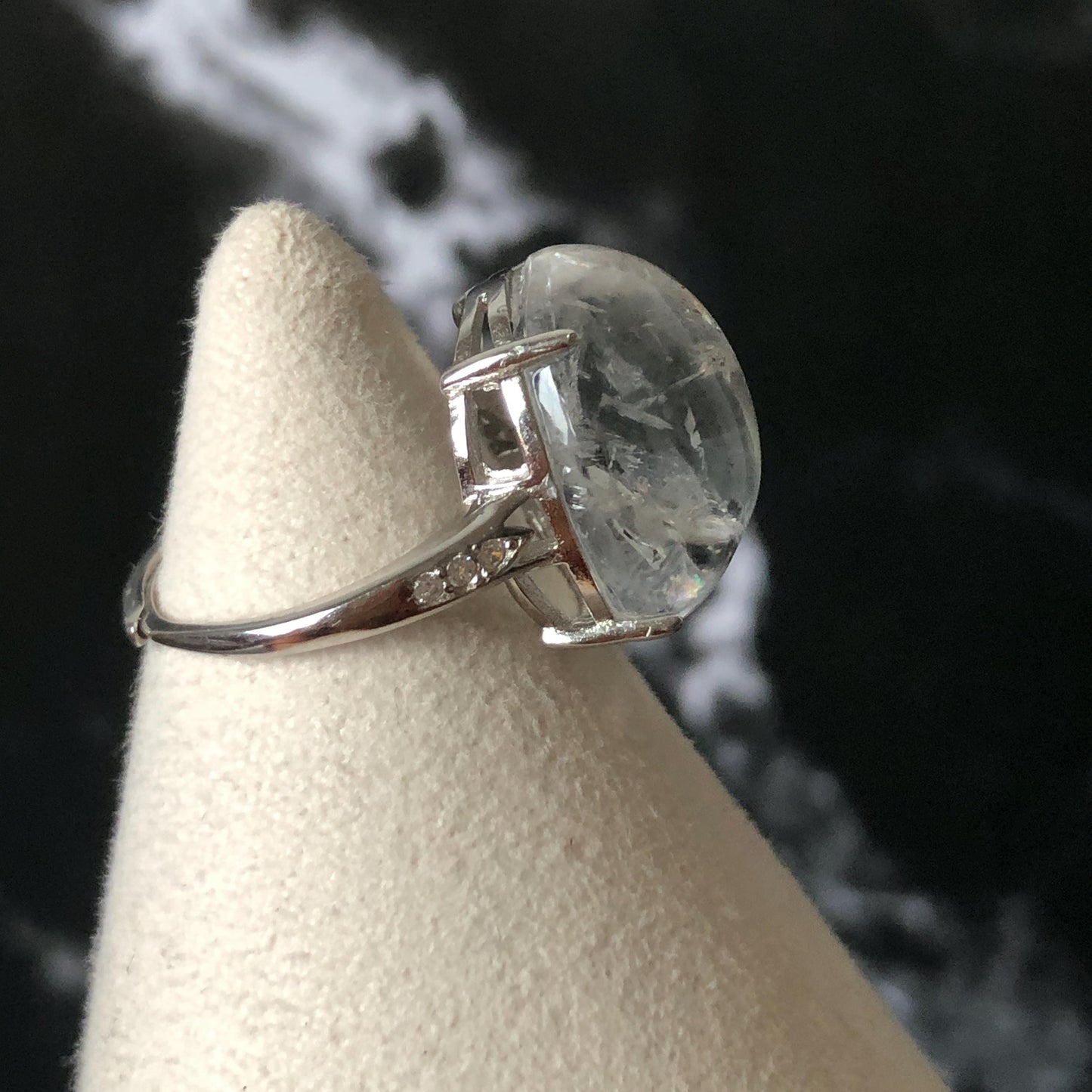 Polished Enhydro Quartz (Herkimer Diamond) S925 Silver Adjustable Ring: Moving Black Mica Sand and Bubble Inclusion in Triangle Chamber | Crystal Statement Ring for Women ring crystal band ring crystal cocktail ring crystal stackable ring 7 chakra crystal ring meditation crystal healing stone birthstone silver ring ring for men rainbow quartz inclusion quartz inclusion crystal minerals specimen silver ring free size ring adjustable ring holder rain quartz