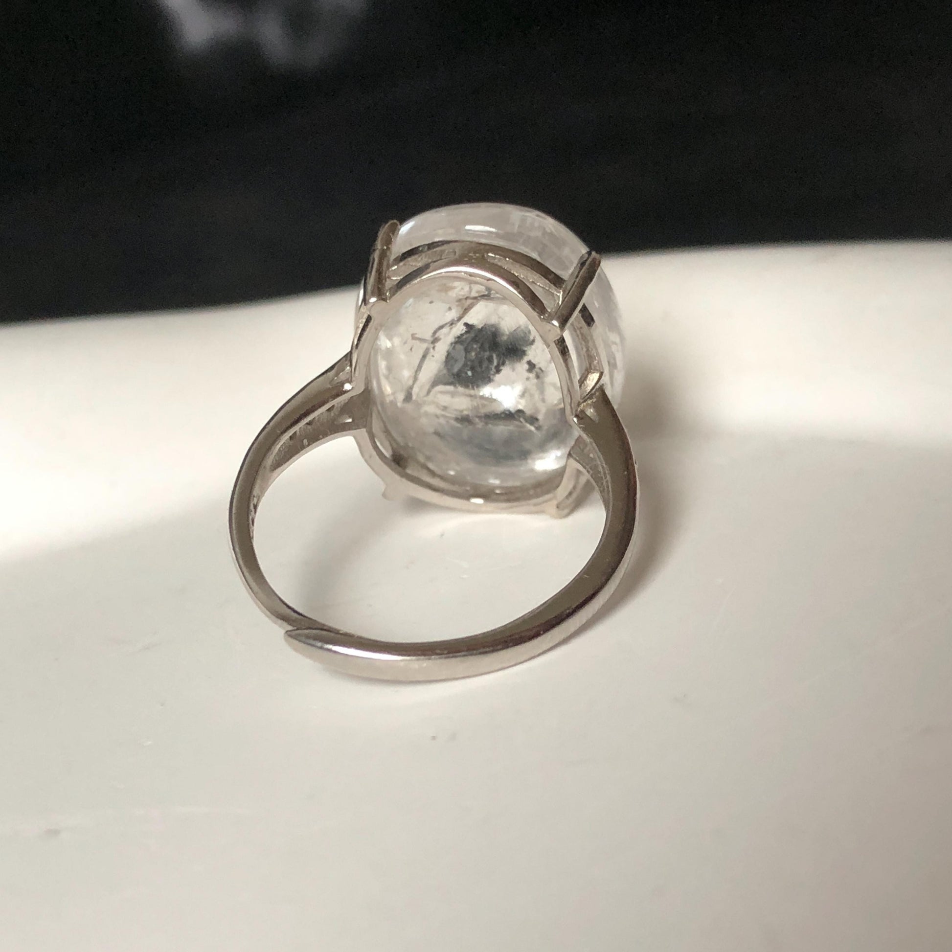 Polished Enhydro Quartz (Herkimer Diamond) S925 Silver Adjustable Ring: Moving Black Mica Sand and Bubble Inclusion in Triangle Chamber | Crystal Statement Ring for Women ring crystal band ring crystal cocktail ring crystal stackable ring 7 chakra crystal ring meditation crystal healing stone birthstone silver ring ring for men rainbow quartz inclusion quartz inclusion crystal minerals specimen silver ring free size ring adjustable ring holder rain quartz