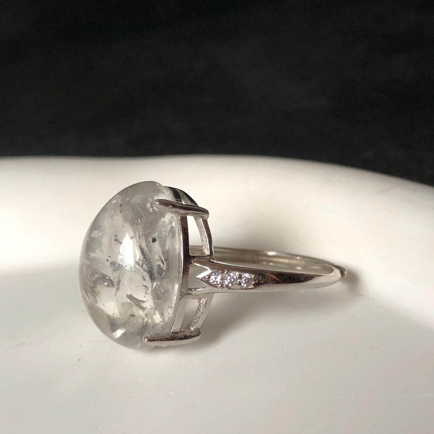 Polished Enhydro Quartz (Herkimer Diamond) S925 Silver Adjustable Ring: Moving Black Mica Sand and Bubble Inclusion in Triangle Chamber | Crystal Statement Ring for Women ring crystal band ring crystal cocktail ring crystal stackable ring 7 chakra crystal ring meditation crystal healing stone birthstone silver ring ring for men rainbow quartz inclusion quartz inclusion crystal minerals specimen silver ring free size ring adjustable ring holder rain quartz