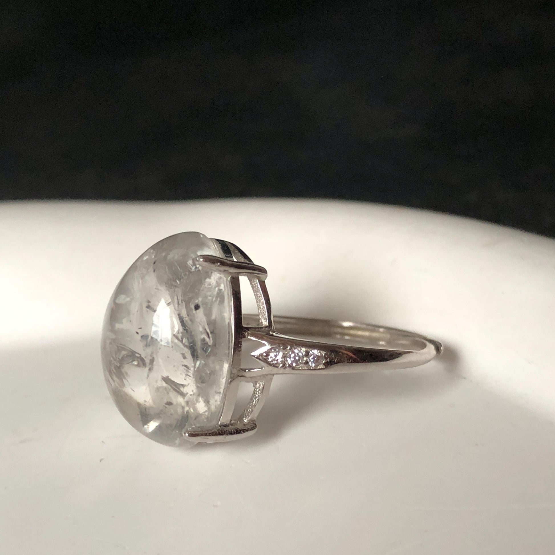 Polished Enhydro Quartz (Herkimer Diamond) S925 Silver Adjustable Ring: Moving Black Mica Sand and Bubble Inclusion in Triangle Chamber | Crystal Statement Ring for Women ring crystal band ring crystal cocktail ring crystal stackable ring 7 chakra crystal ring meditation crystal healing stone birthstone silver ring ring for men rainbow quartz inclusion quartz inclusion crystal minerals specimen silver ring free size ring adjustable ring holder rain quartz