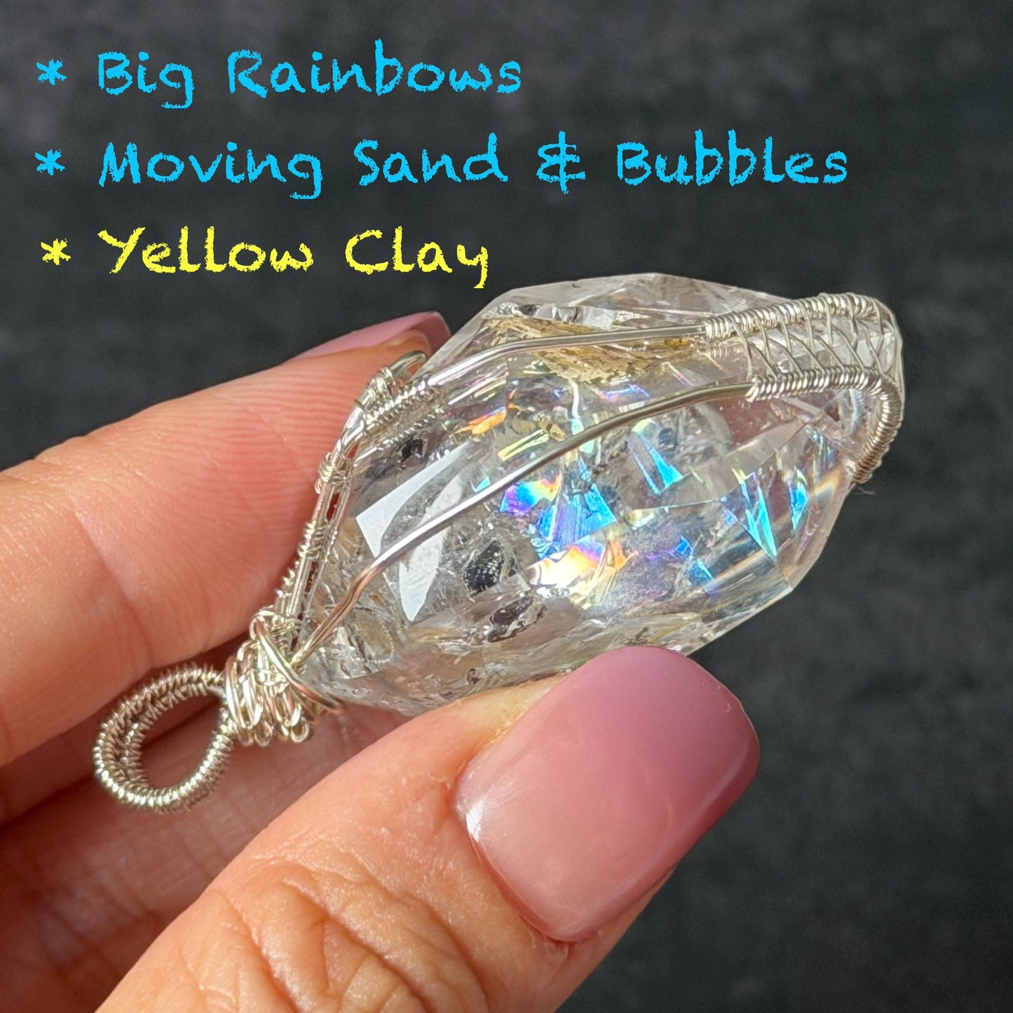 Rare Polished Enhydro Quartz (Herkimer Diamond) Wire Wrapped Pendant Adjustable Necklace: Big Rainbows! Moving Sand & Black Bubble with Yellow Clay Inclusion Crystal | Natural Gemstone Birthstone Gift for her Rainbow Quartz Rainbow crystal enhydro quartz sand water-fall pendant necklace choker gemstone charm stone pendant choker polished stone pendant crystal charm birthstone gift for her men necklace chakra crystal purify stone minerals specimen adjustable choker silver wire wrapped pendant
