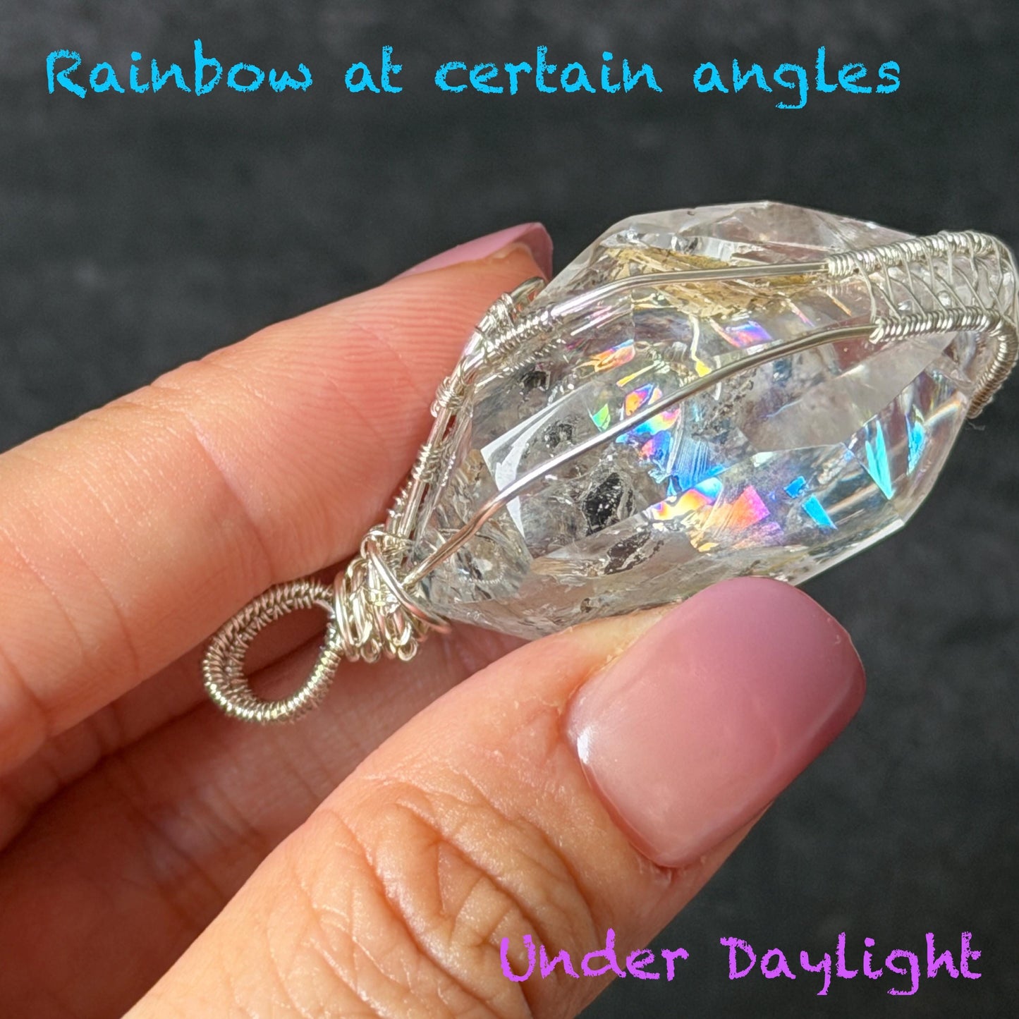 Rare Polished Enhydro Quartz (Herkimer Diamond) Wire Wrapped Pendant Adjustable Necklace: Big Rainbows! Moving Sand & Black Bubble with Yellow Clay Inclusion Crystal | Natural Gemstone Birthstone Gift for her Rainbow Quartz Rainbow crystal enhydro quartz sand water-fall pendant necklace choker gemstone charm stone pendant choker polished stone pendant crystal charm birthstone gift for her men necklace chakra crystal purify stone minerals specimen adjustable choker silver wire wrapped pendant