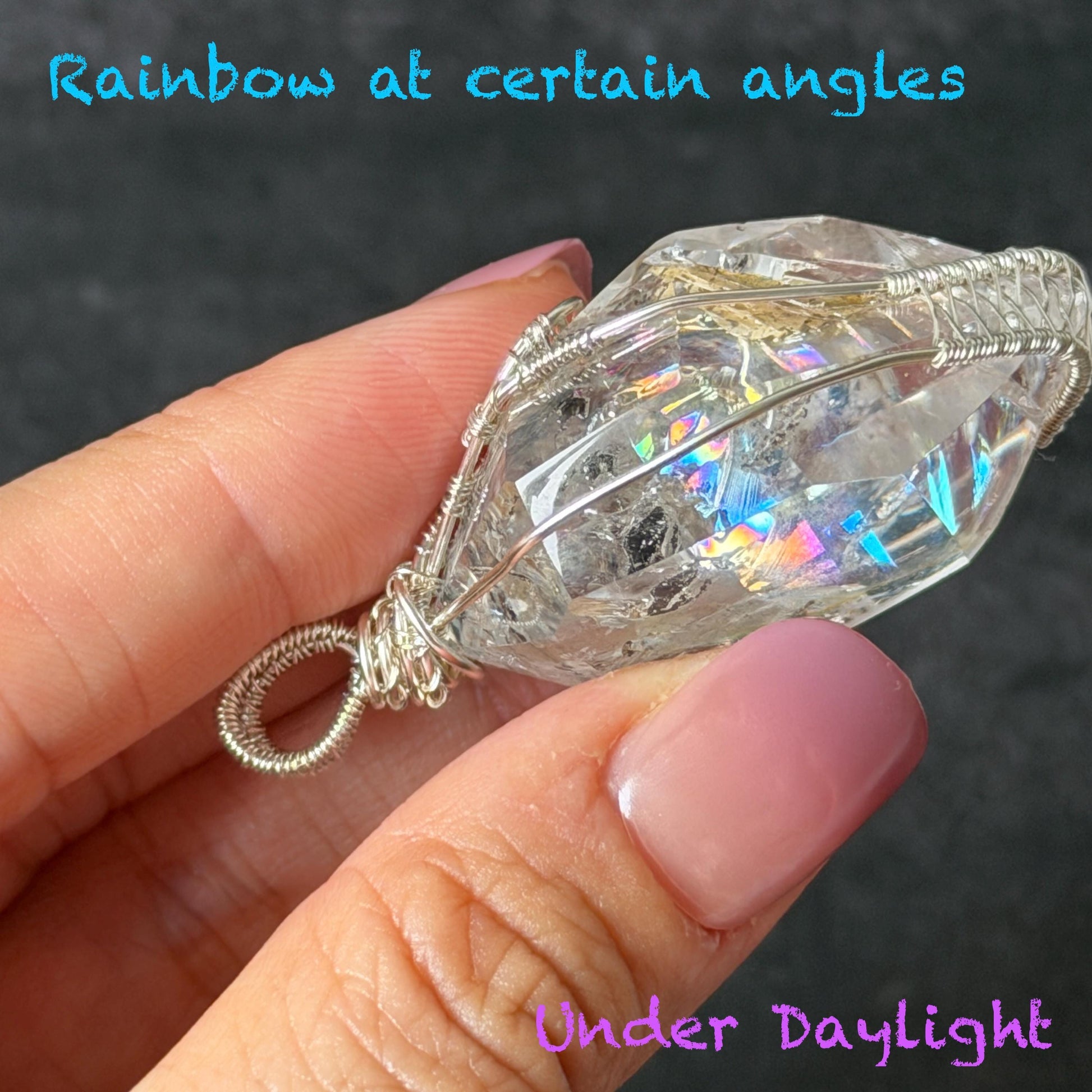 Rare Polished Enhydro Quartz (Herkimer Diamond) Wire Wrapped Pendant Adjustable Necklace: Big Rainbows! Moving Sand & Black Bubble with Yellow Clay Inclusion Crystal | Natural Gemstone Birthstone Gift for her Rainbow Quartz Rainbow crystal enhydro quartz sand water-fall pendant necklace choker gemstone charm stone pendant choker polished stone pendant crystal charm birthstone gift for her men necklace chakra crystal purify stone minerals specimen adjustable choker silver wire wrapped pendant