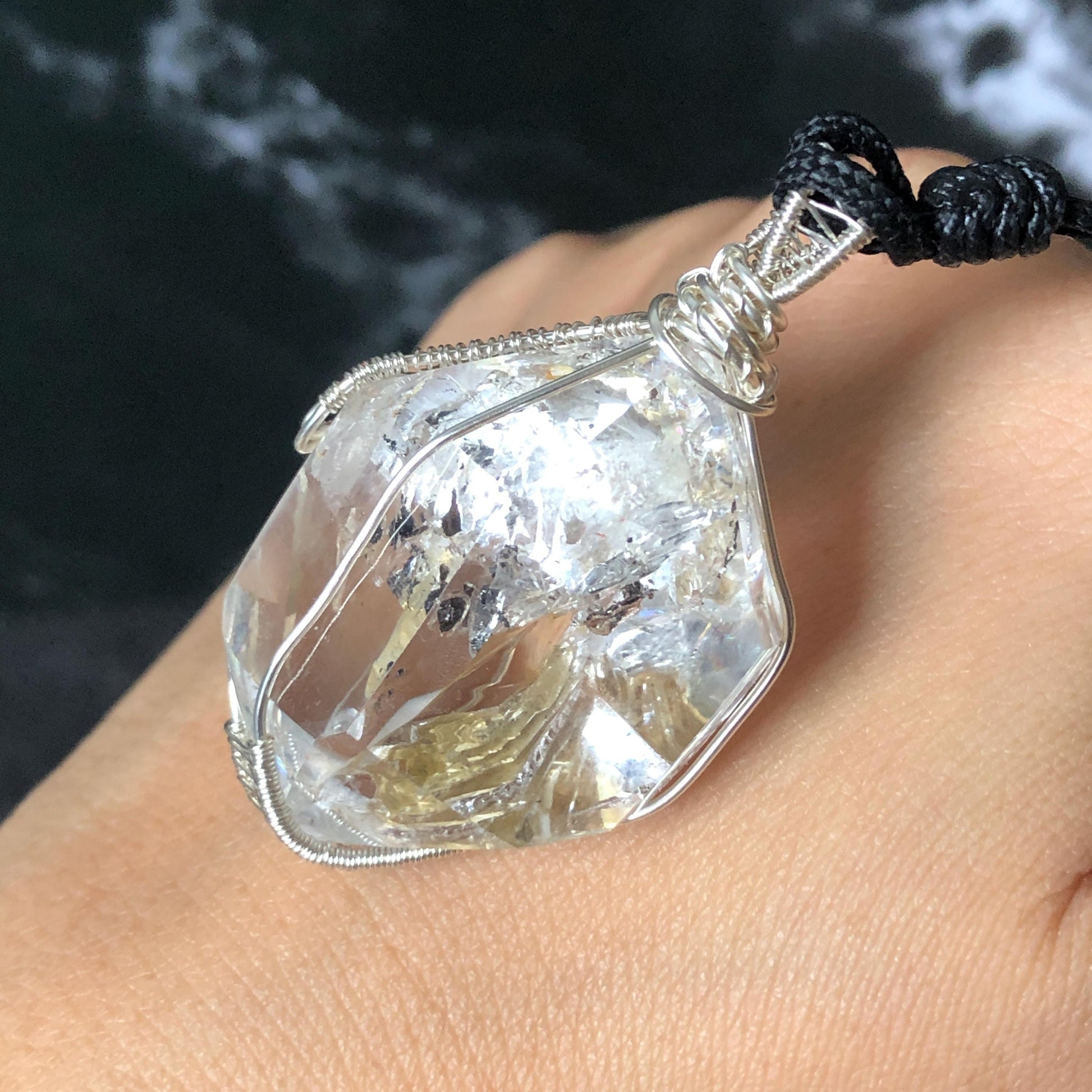 Rare Polished Enhydro Quartz (Herkimer Diamond) Wire Wrapped Pendant Adjustable Necklace: Big Rainbows! Moving Sand & Black Bubble with Yellow Clay Inclusion Crystal | Natural Gemstone Birthstone Gift for her Rainbow Quartz Rainbow crystal enhydro quartz sand water-fall pendant necklace choker gemstone charm stone pendant choker polished stone pendant crystal charm birthstone gift for her men necklace chakra crystal purify stone minerals specimen adjustable choker silver wire wrapped pendant