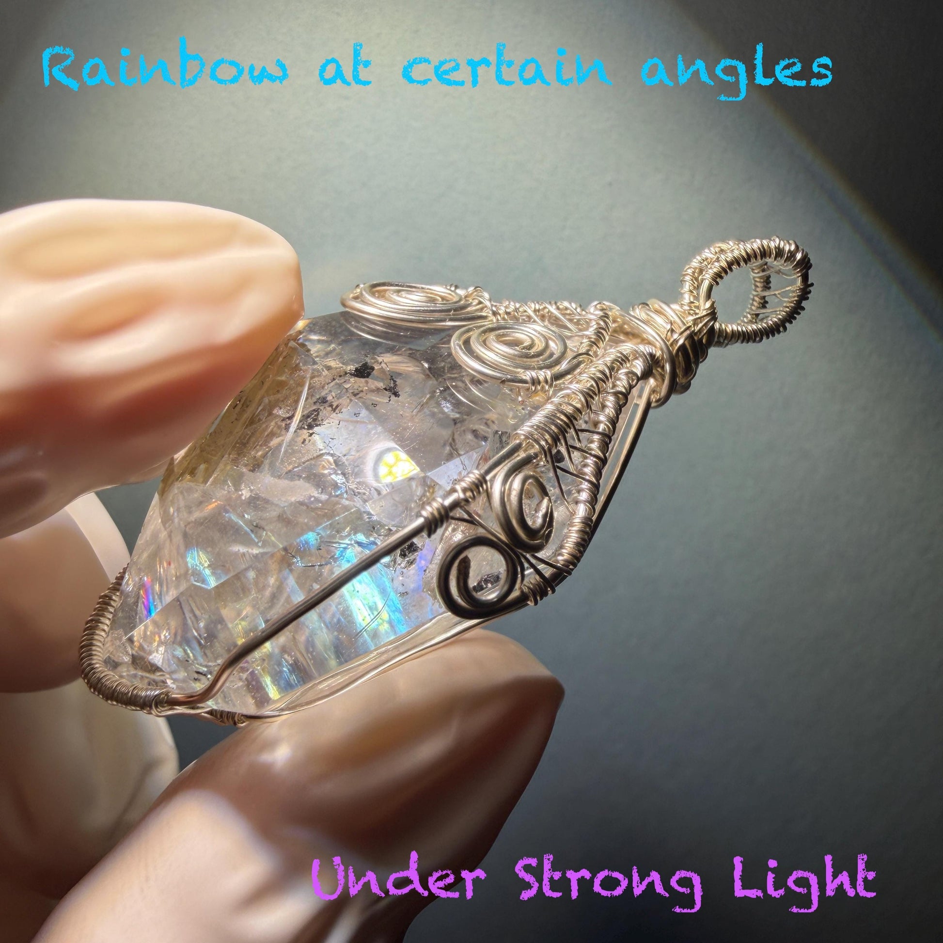 Rare Polished Enhydro Quartz (Herkimer Diamond) Wire Wrapped Pendant Adjustable Necklace: Big Rainbows! Moving Sand & Black Bubble with Yellow Clay Inclusion Crystal | Natural Gemstone Birthstone Gift for her Rainbow Quartz Rainbow crystal enhydro quartz sand water-fall pendant necklace choker gemstone charm stone pendant choker polished stone pendant crystal charm birthstone gift for her men necklace chakra crystal purify stone minerals specimen adjustable choker silver wire wrapped pendant