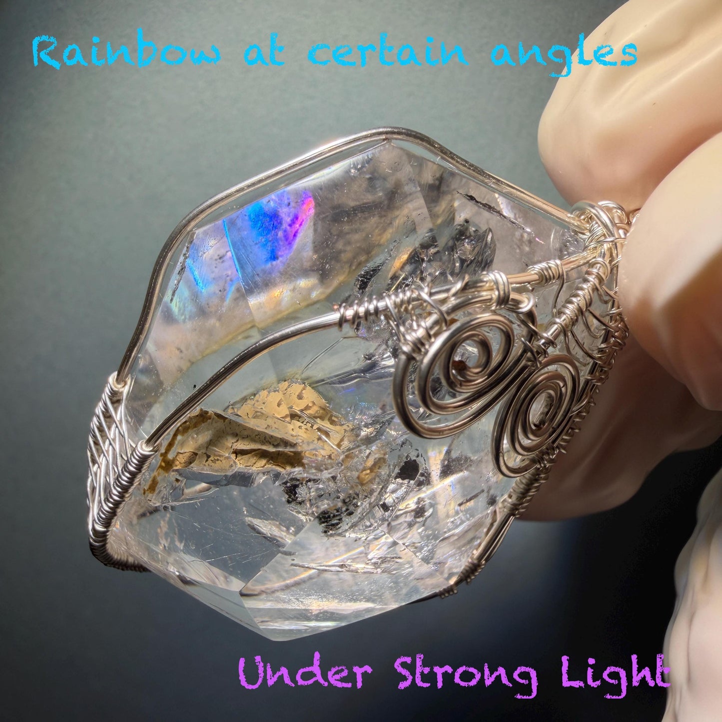 Rare Polished Enhydro Quartz (Herkimer Diamond) Wire Wrapped Pendant Adjustable Necklace: Big Rainbows! Moving Sand & Black Bubble with Yellow Clay Inclusion Crystal | Natural Gemstone Birthstone Gift for her Rainbow Quartz Rainbow crystal enhydro quartz sand water-fall pendant necklace choker gemstone charm stone pendant choker polished stone pendant crystal charm birthstone gift for her men necklace chakra crystal purify stone minerals specimen adjustable choker silver wire wrapped pendant