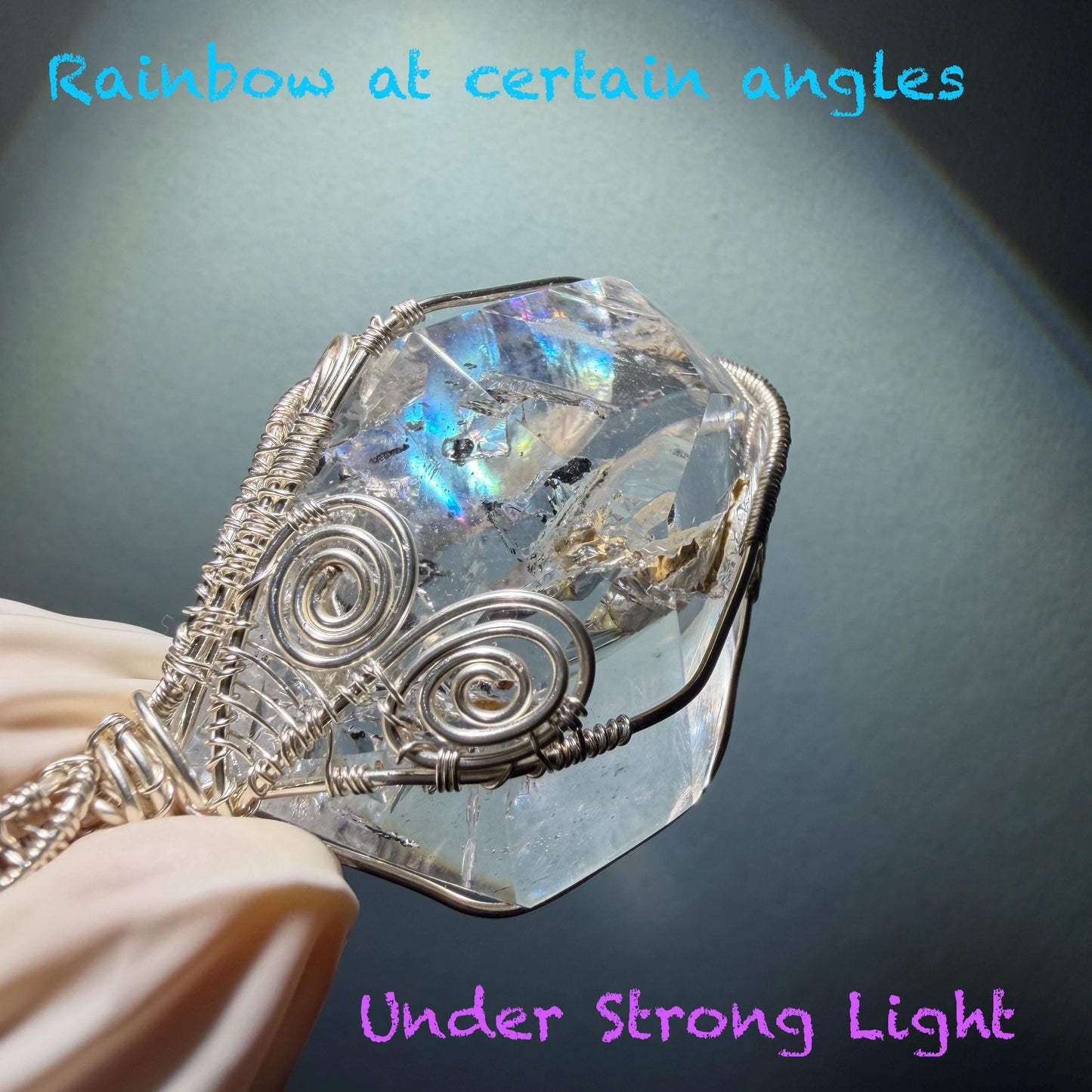 Rare Polished Enhydro Quartz (Herkimer Diamond) Wire Wrapped Pendant Adjustable Necklace: Big Rainbows! Moving Sand & Black Bubble with Yellow Clay Inclusion Crystal | Natural Gemstone Birthstone Gift for her Rainbow Quartz Rainbow crystal enhydro quartz sand water-fall pendant necklace choker gemstone charm stone pendant choker polished stone pendant crystal charm birthstone gift for her men necklace chakra crystal purify stone minerals specimen adjustable choker silver wire wrapped pendant