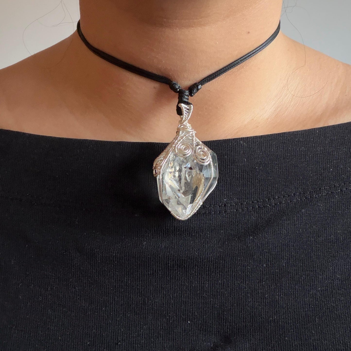 Rare Polished Enhydro Quartz (Herkimer Diamond) Wire Wrapped Pendant Adjustable Necklace: Big Rainbows! Moving Sand & Black Bubble with Yellow Clay Inclusion Crystal | Natural Gemstone Birthstone Gift for her Rainbow Quartz Rainbow crystal enhydro quartz sand water-fall pendant necklace choker gemstone charm stone pendant choker polished stone pendant crystal charm birthstone gift for her men necklace chakra crystal purify stone minerals specimen adjustable choker silver wire wrapped pendant