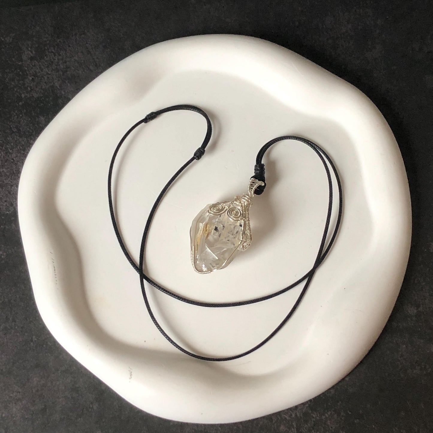 Rare Polished Enhydro Quartz (Herkimer Diamond) Wire Wrapped Pendant Adjustable Necklace: Big Rainbows! Moving Sand & Black Bubble with Yellow Clay Inclusion Crystal | Natural Gemstone Birthstone Gift for her Rainbow Quartz Rainbow crystal enhydro quartz sand water-fall pendant necklace choker gemstone charm stone pendant choker polished stone pendant crystal charm birthstone gift for her men necklace chakra crystal purify stone minerals specimen adjustable choker silver wire wrapped pendant