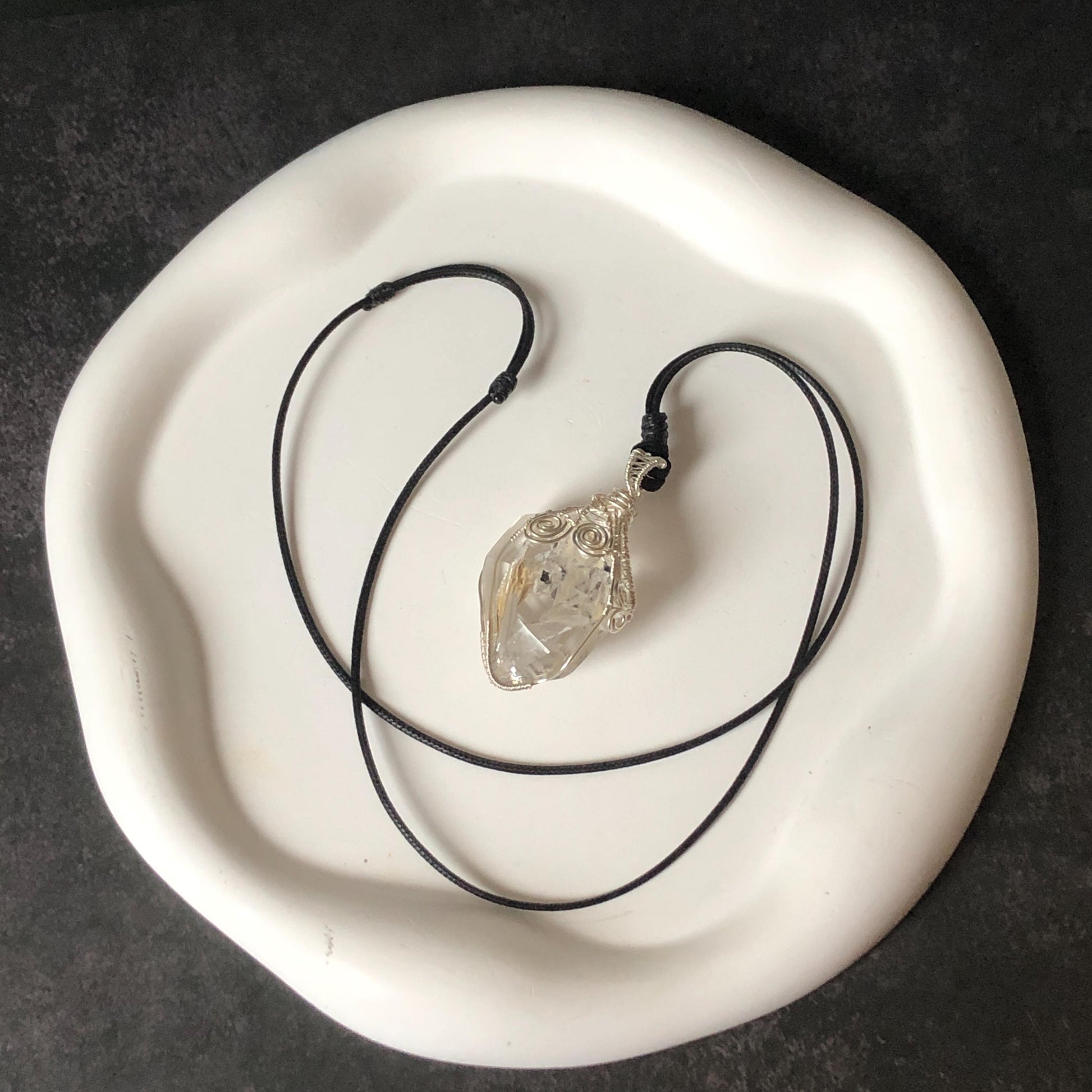 Rare Polished Enhydro Quartz (Herkimer Diamond) Wire Wrapped Pendant Adjustable Necklace: Big Rainbows! Moving Sand & Black Bubble with Yellow Clay Inclusion Crystal | Natural Gemstone Birthstone Gift for her Rainbow Quartz Rainbow crystal enhydro quartz sand water-fall pendant necklace choker gemstone charm stone pendant choker polished stone pendant crystal charm birthstone gift for her men necklace chakra crystal purify stone minerals specimen adjustable choker silver wire wrapped pendant