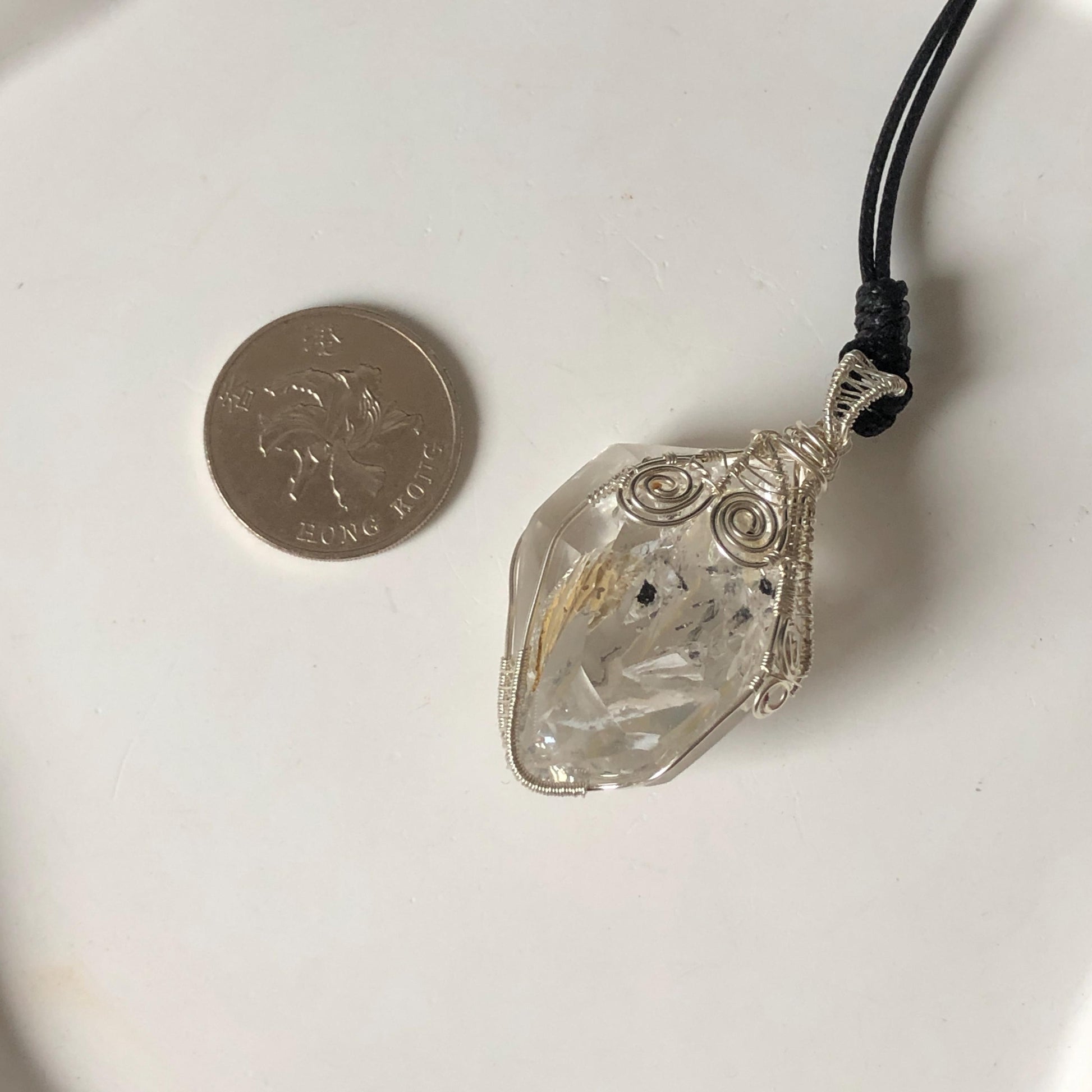 Rare Polished Enhydro Quartz (Herkimer Diamond) Wire Wrapped Pendant Adjustable Necklace: Big Rainbows! Moving Sand & Black Bubble with Yellow Clay Inclusion Crystal | Natural Gemstone Birthstone Gift for her Rainbow Quartz Rainbow crystal enhydro quartz sand water-fall pendant necklace choker gemstone charm stone pendant choker polished stone pendant crystal charm birthstone gift for her men necklace chakra crystal purify stone minerals specimen adjustable choker silver wire wrapped pendant