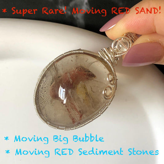 Super Rare! Polished Enhydro Quartz Wrapped Wire Pendant Adjustable Necklace: Moving Red Sand & Big Bubble with red stones Inclusion Crystal | High-Heel-Like / Flamingo-Like Chamber | Natural Gemstone Birthstone Gift for her enhydro quartz sand water-fall pendant necklace choker gemstone charm stone pendant choker polished stone pendant crystal charm birthstone men necklace chakra crystal minerals specimen silver wire wrapped pendant inclusion crystal inclusion crystal sediment stone