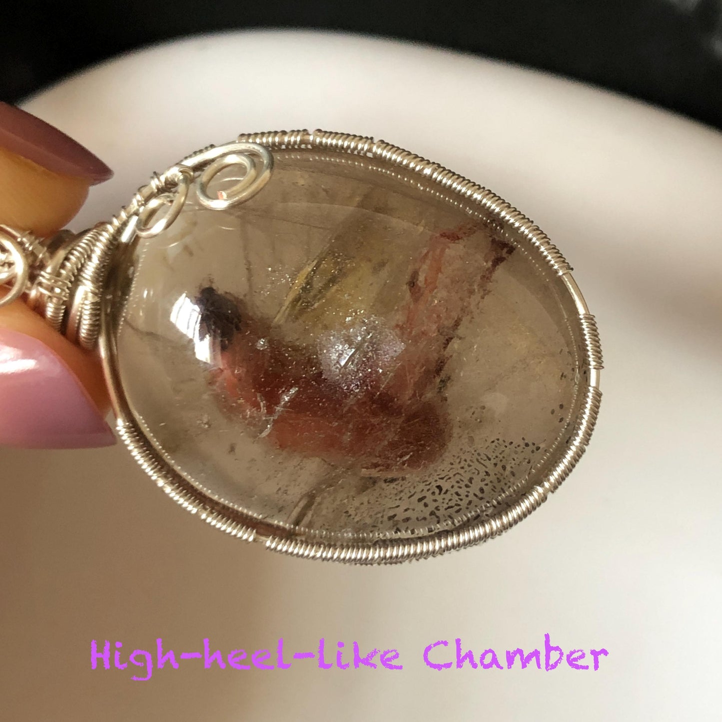 Super Rare! Polished Enhydro Quartz Wrapped Wire Pendant Adjustable Necklace: Moving Red Sand & Big Bubble with red stones Inclusion Crystal | High-Heel-Like / Flamingo-Like Chamber | Natural Gemstone Birthstone Gift for her enhydro quartz sand water-fall pendant necklace choker gemstone charm stone pendant choker polished stone pendant crystal charm birthstone men necklace chakra crystal minerals specimen silver wire wrapped pendant inclusion crystal inclusion crystal sediment stone