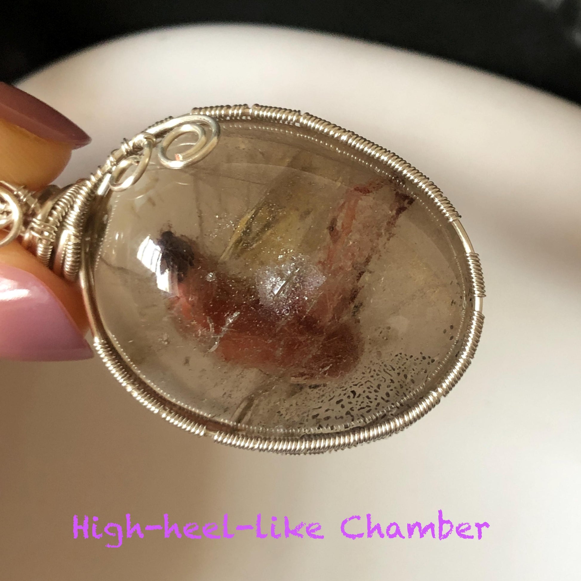 Super Rare! Polished Enhydro Quartz Wrapped Wire Pendant Adjustable Necklace: Moving Red Sand & Big Bubble with red stones Inclusion Crystal | High-Heel-Like / Flamingo-Like Chamber | Natural Gemstone Birthstone Gift for her enhydro quartz sand water-fall pendant necklace choker gemstone charm stone pendant choker polished stone pendant crystal charm birthstone men necklace chakra crystal minerals specimen silver wire wrapped pendant inclusion crystal inclusion crystal sediment stone