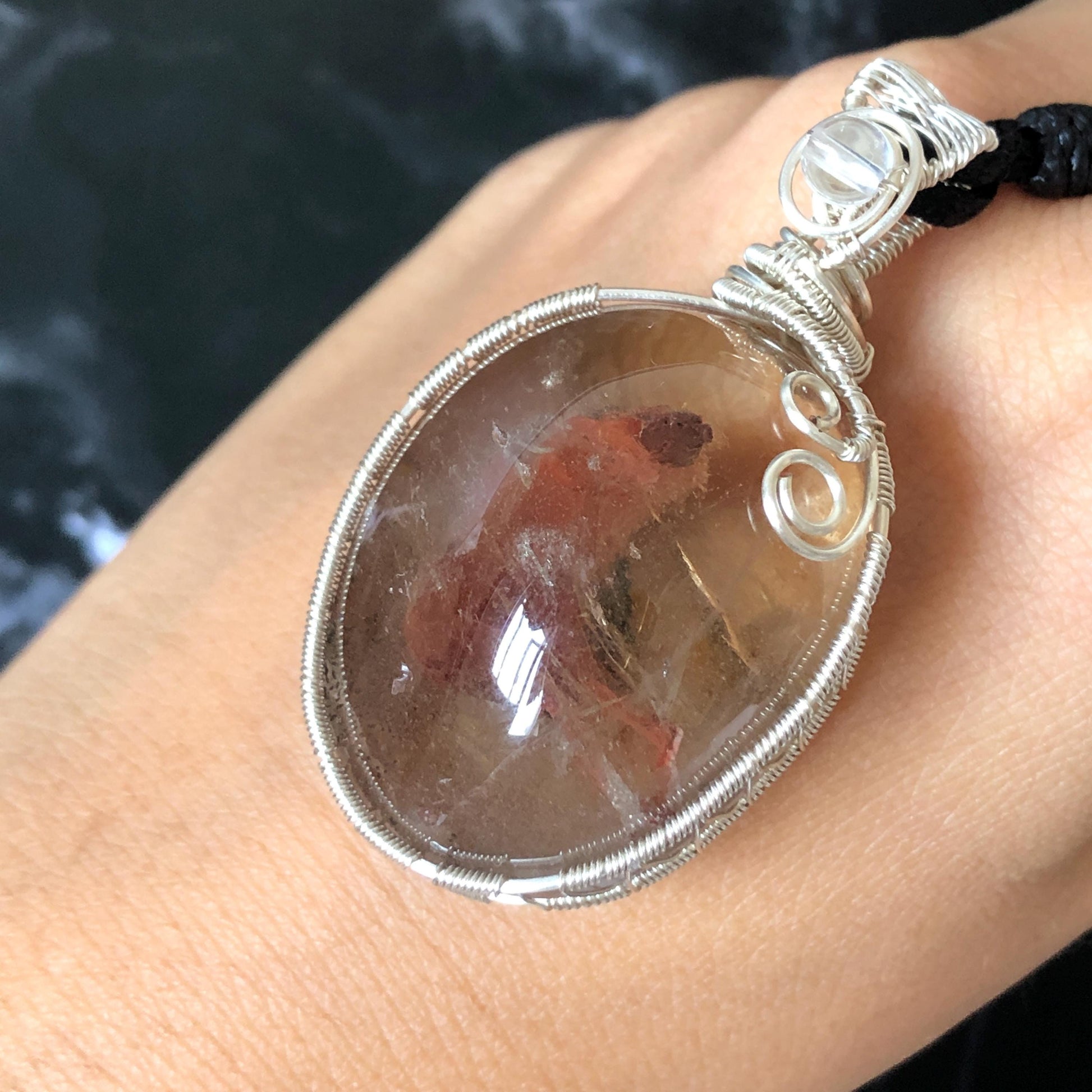 Super Rare! Polished Enhydro Quartz Wrapped Wire Pendant Adjustable Necklace: Moving Red Sand & Big Bubble with red stones Inclusion Crystal | High-Heel-Like / Flamingo-Like Chamber | Natural Gemstone Birthstone Gift for her enhydro quartz sand water-fall pendant necklace choker gemstone charm stone pendant choker polished stone pendant crystal charm birthstone men necklace chakra crystal minerals specimen silver wire wrapped pendant inclusion crystal inclusion crystal sediment stone