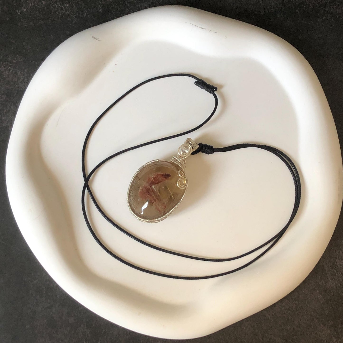 Super Rare! Polished Enhydro Quartz Wrapped Wire Pendant Adjustable Necklace: Moving Red Sand & Big Bubble with red stones Inclusion Crystal | High-Heel-Like / Flamingo-Like Chamber | Natural Gemstone Birthstone Gift for her enhydro quartz sand water-fall pendant necklace choker gemstone charm stone pendant choker polished stone pendant crystal charm birthstone men necklace chakra crystal minerals specimen silver wire wrapped pendant inclusion crystal inclusion crystal sediment stone