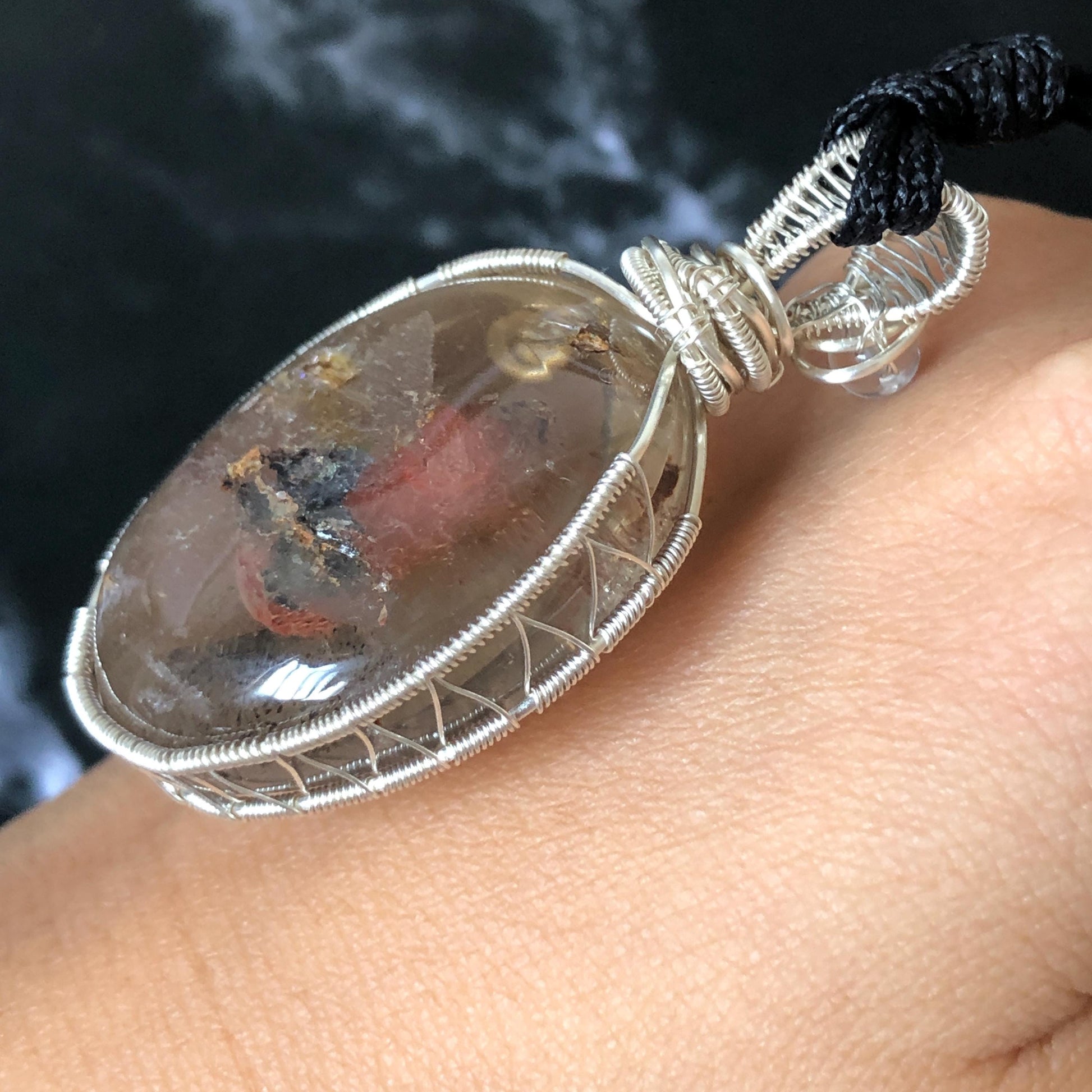 Super Rare! Polished Enhydro Quartz Wrapped Wire Pendant Adjustable Necklace: Moving Red Sand & Big Bubble with red stones Inclusion Crystal | High-Heel-Like / Flamingo-Like Chamber | Natural Gemstone Birthstone Gift for her enhydro quartz sand water-fall pendant necklace choker gemstone charm stone pendant choker polished stone pendant crystal charm birthstone men necklace chakra crystal minerals specimen silver wire wrapped pendant inclusion crystal inclusion crystal sediment stone