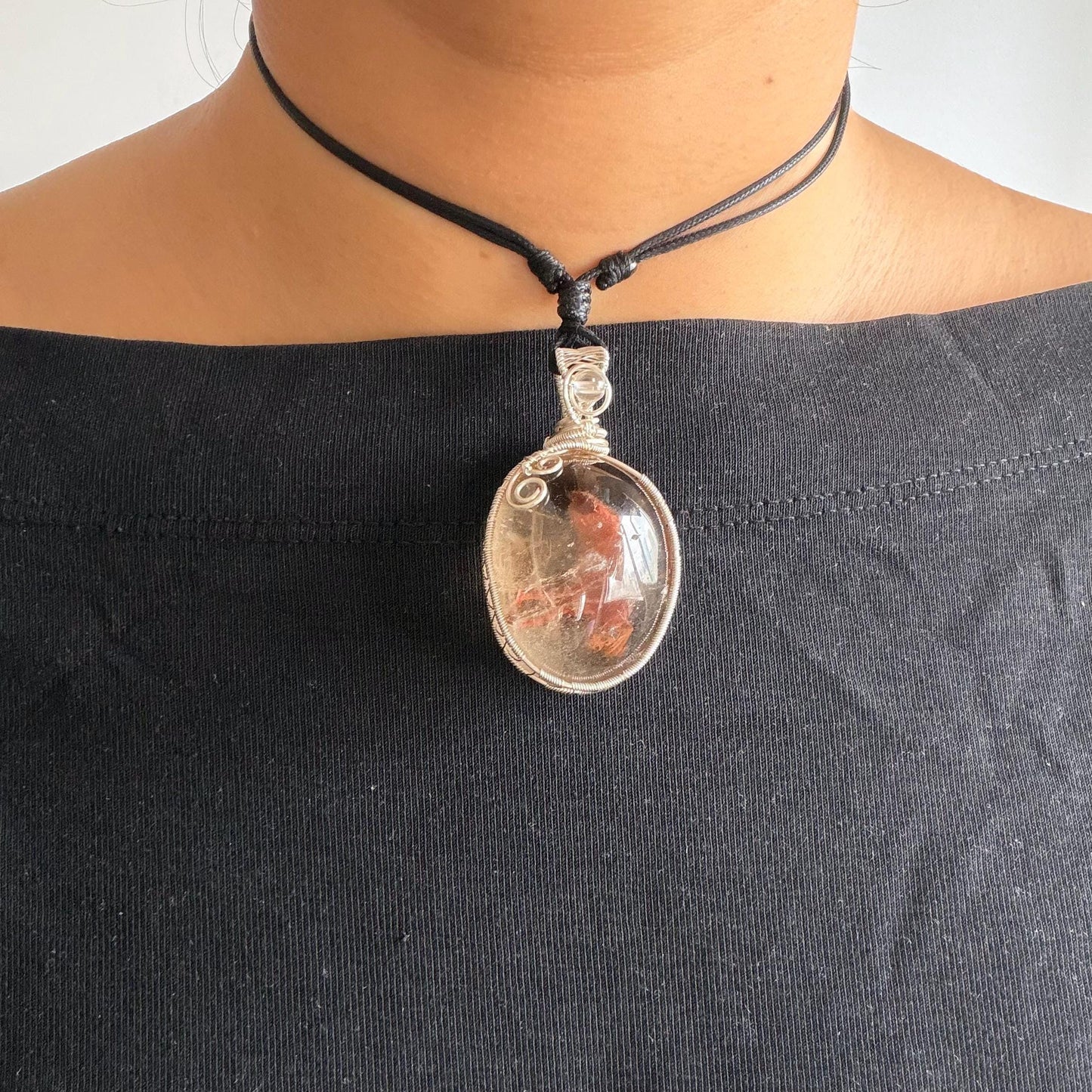 Super Rare! Polished Enhydro Quartz Wrapped Wire Pendant Adjustable Necklace: Moving Red Sand & Big Bubble with red stones Inclusion Crystal | High-Heel-Like / Flamingo-Like Chamber | Natural Gemstone Birthstone Gift for her enhydro quartz sand water-fall pendant necklace choker gemstone charm stone pendant choker polished stone pendant crystal charm birthstone men necklace chakra crystal minerals specimen silver wire wrapped pendant inclusion crystal inclusion crystal sediment stone
