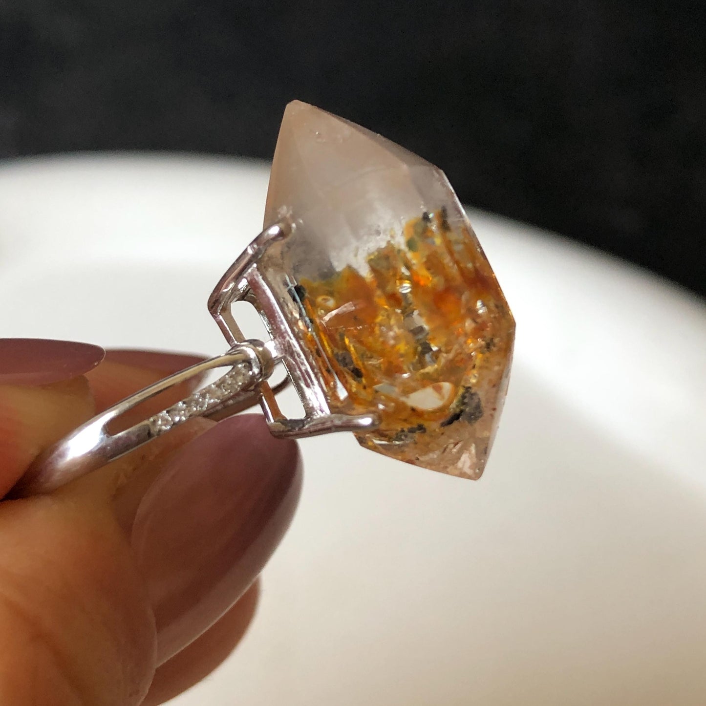 Polished Petroleum Enhydro Quartz S925 Silver Adjustable Ring: Clear Bubble in Golden Red Petroleum Oil Inclusion | Natural Gemstone Birthstone Gift for her golden red oil enhydro quartz cocktail ring for women bold ring for men meditation rock healing stone chakra crystal big size ring crystal band ring herkimer diamond silver ring stackable ring women statement ring minerals specimen inclusion quartz inclusion crystal cocktail ring stackable ring