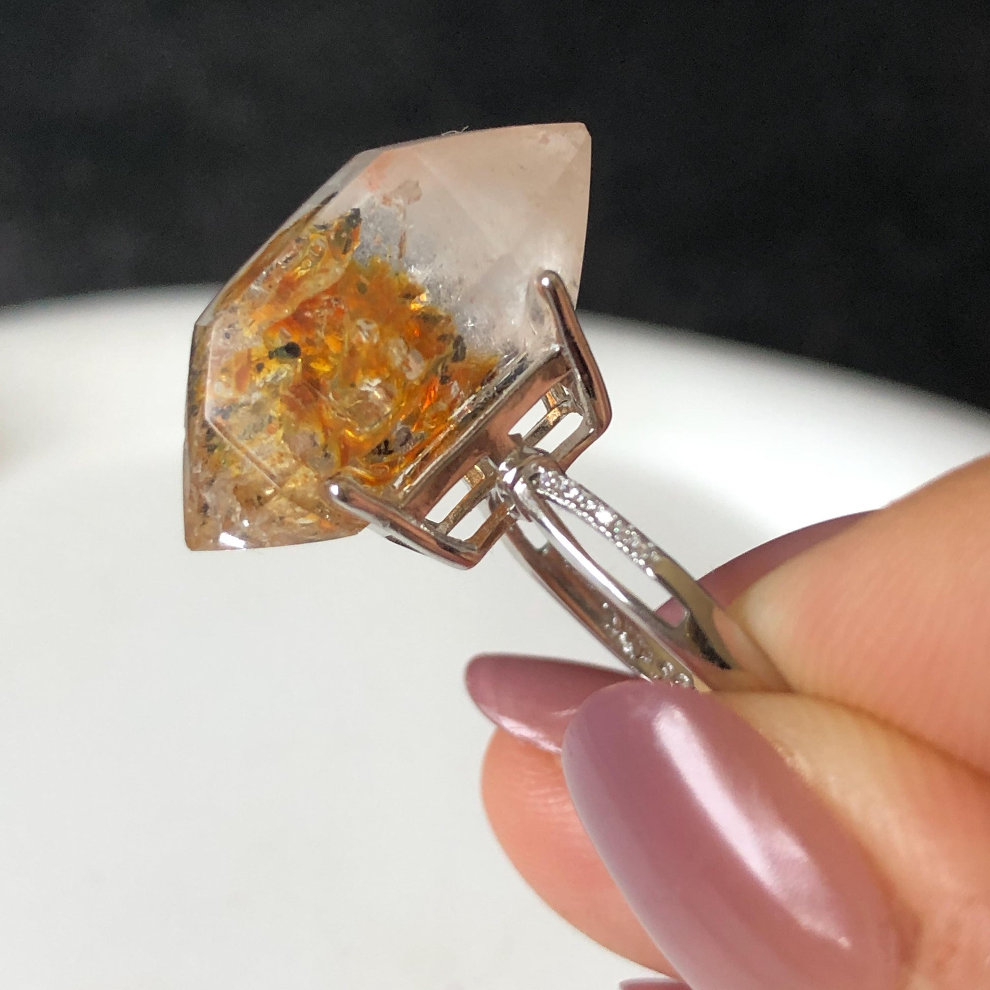 Polished Petroleum Enhydro Quartz S925 Silver Adjustable Ring: Clear Bubble in Golden Red Petroleum Oil Inclusion | Natural Gemstone Birthstone Gift for her golden red oil enhydro quartz cocktail ring for women bold ring for men meditation rock healing stone chakra crystal big size ring crystal band ring herkimer diamond silver ring stackable ring women statement ring minerals specimen inclusion quartz inclusion crystal cocktail ring stackable ring