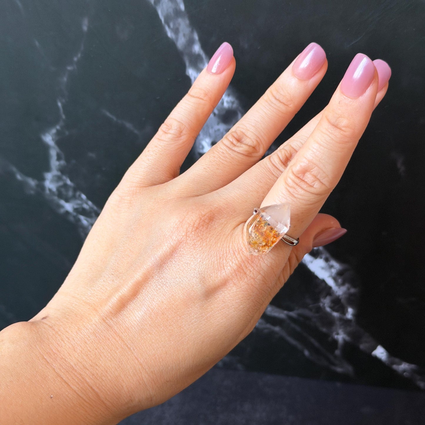 Polished Petroleum Enhydro Quartz S925 Silver Adjustable Ring: Clear Bubble in Golden Red Petroleum Oil Inclusion | Natural Gemstone Birthstone Gift for her golden red oil enhydro quartz cocktail ring for women bold ring for men meditation rock healing stone chakra crystal big size ring crystal band ring herkimer diamond silver ring stackable ring women statement ring minerals specimen inclusion quartz inclusion crystal cocktail ring stackable ring