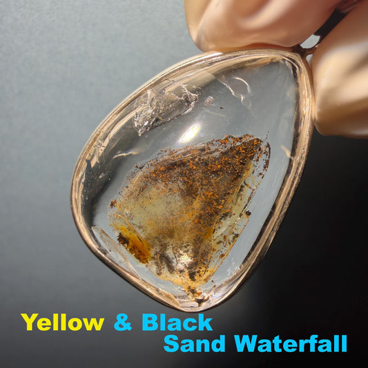 Ultra Rare! Polished Enhydro Quartz Wrapped Wire Pendant Adjustable Necklace: Moving Black & Yellow Sand with Big Bubble Inclusion Crystal | Natural Gemstone Birthstone Gift for her enhydro quartz sand water-fall pendant necklace choker gemstone charm stone pendant choker polished stone pendant crystal charm birthstone men necklace chakra crystal minerals specimen silver wire wrapped pendant inclusion crystal inclusion crystal  yellow sand inclusion